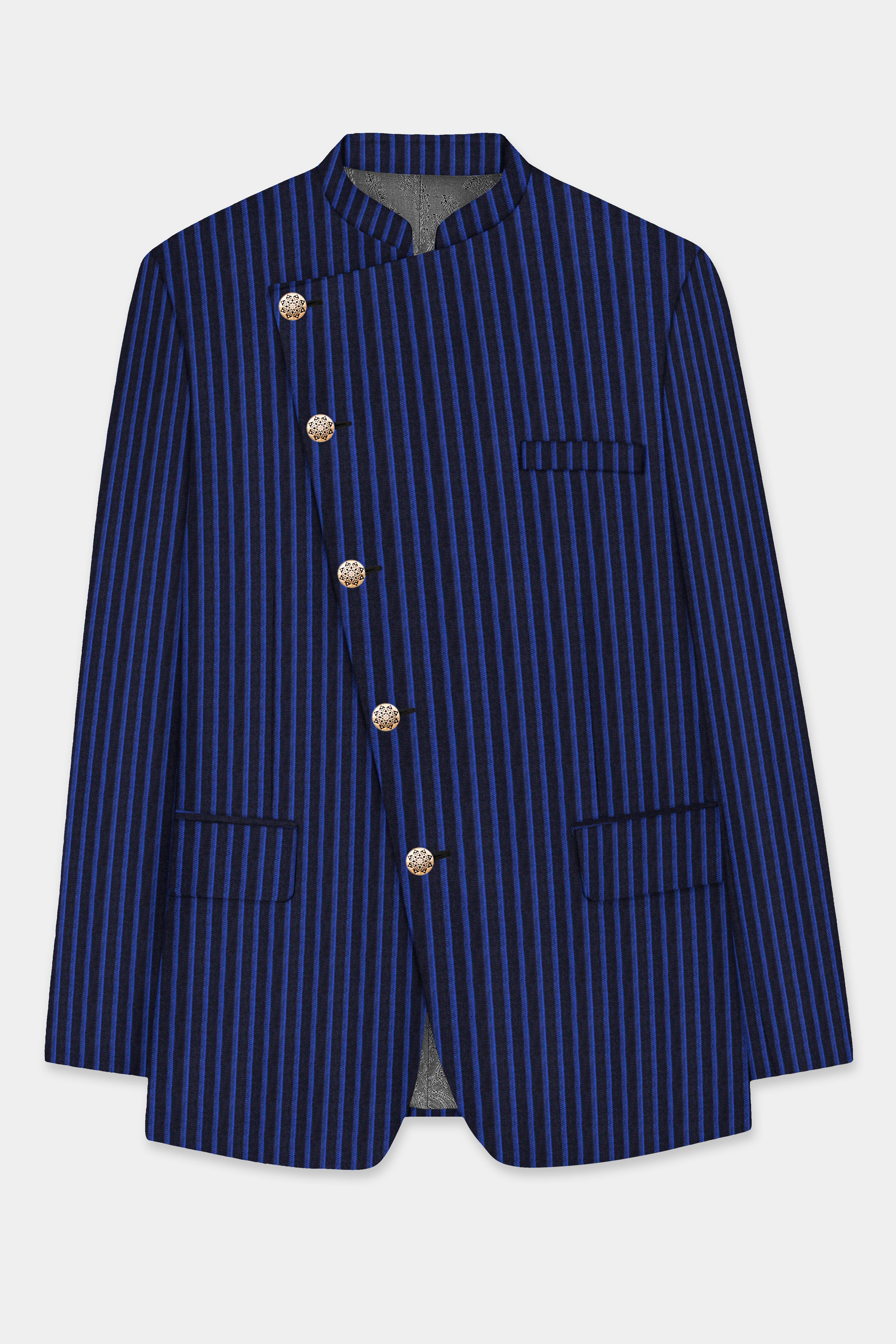 Sapphire Blue And Jade Blue Striped Wool Rich Cross Placket Bandhgala Suit