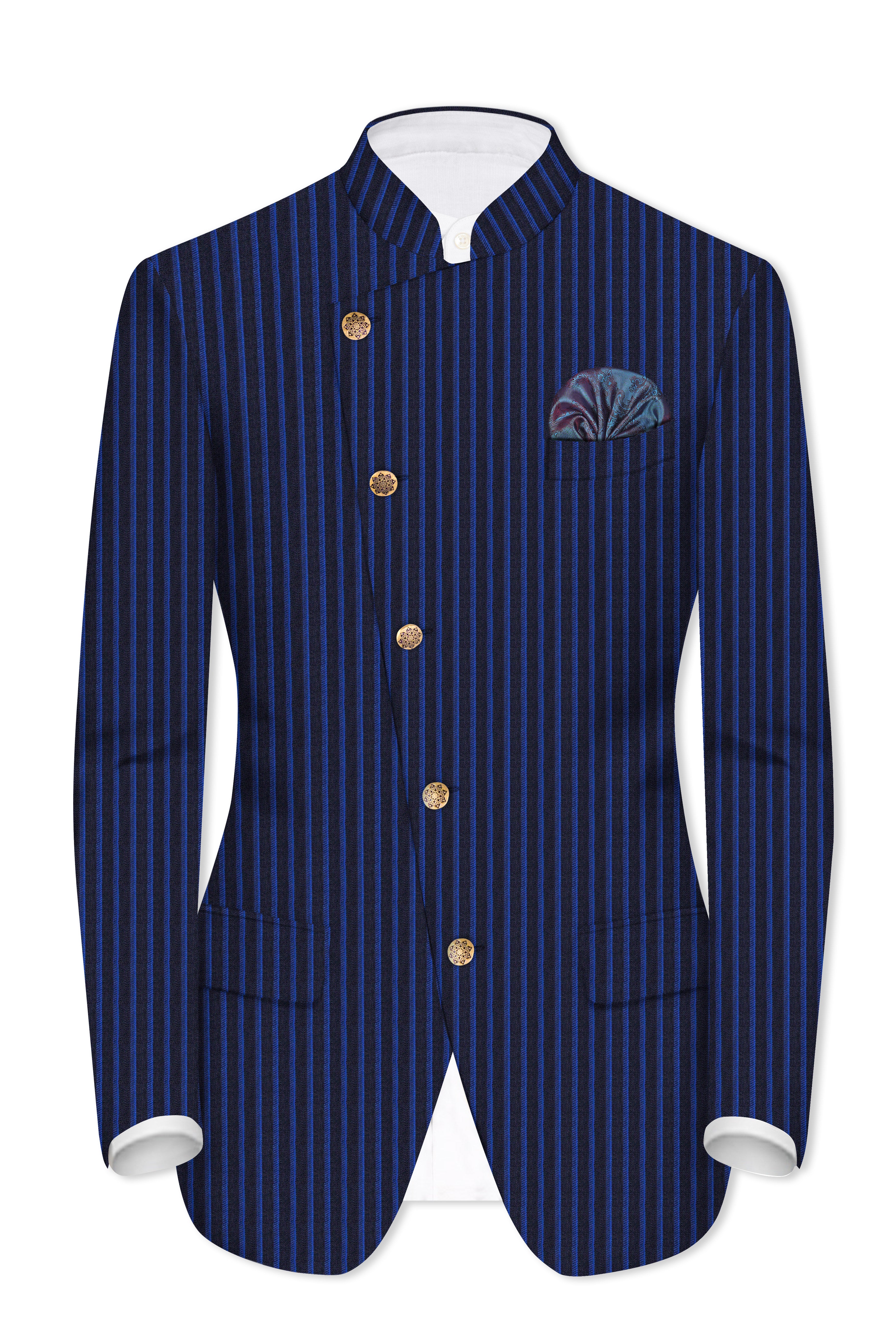 Sapphire Blue And Jade Blue Striped Wool Rich Cross Placket Bandhgala Suit