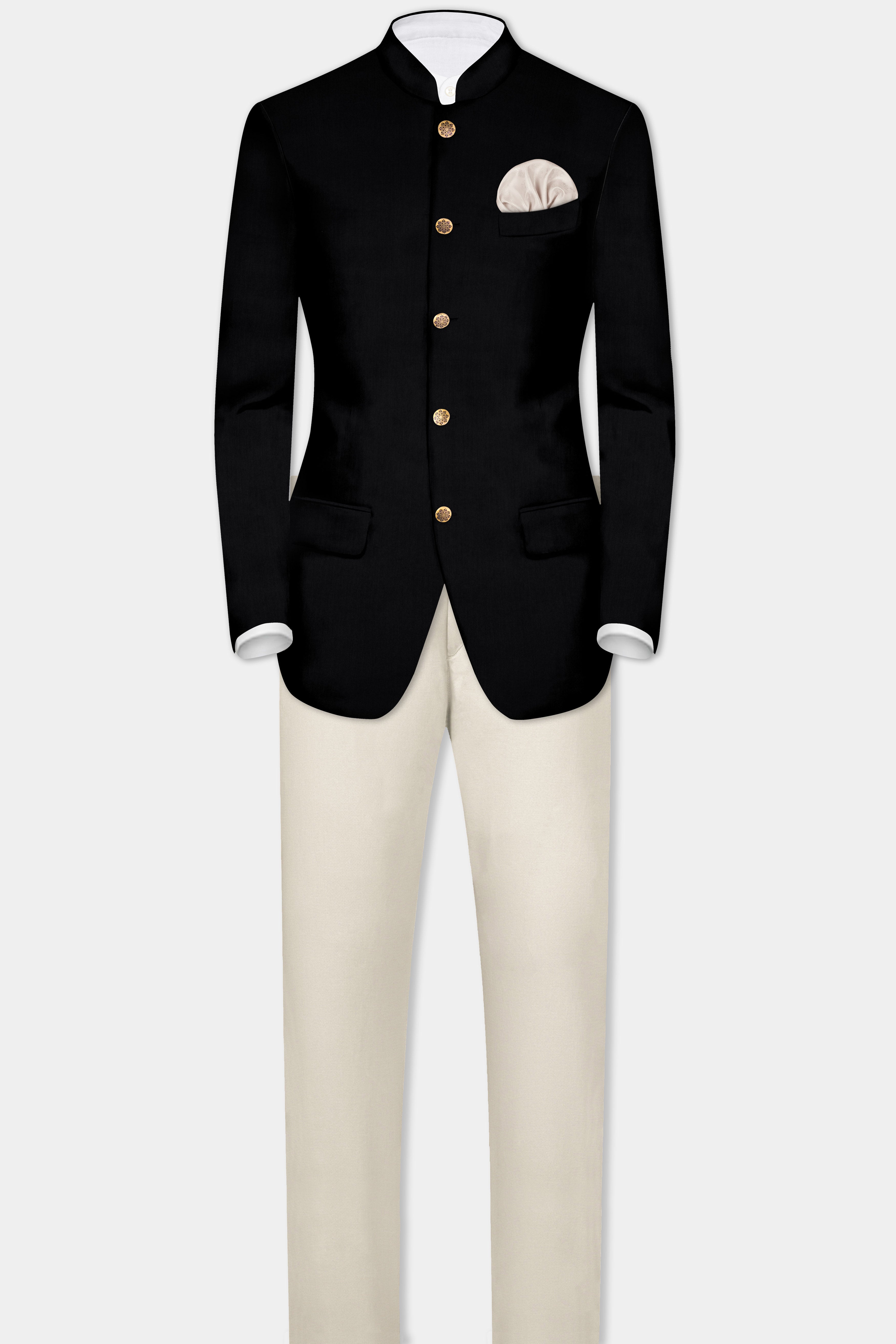 Jade Black Solid Wool Rich Bandhgala Blazer With Mercury Cream Chinos Pant