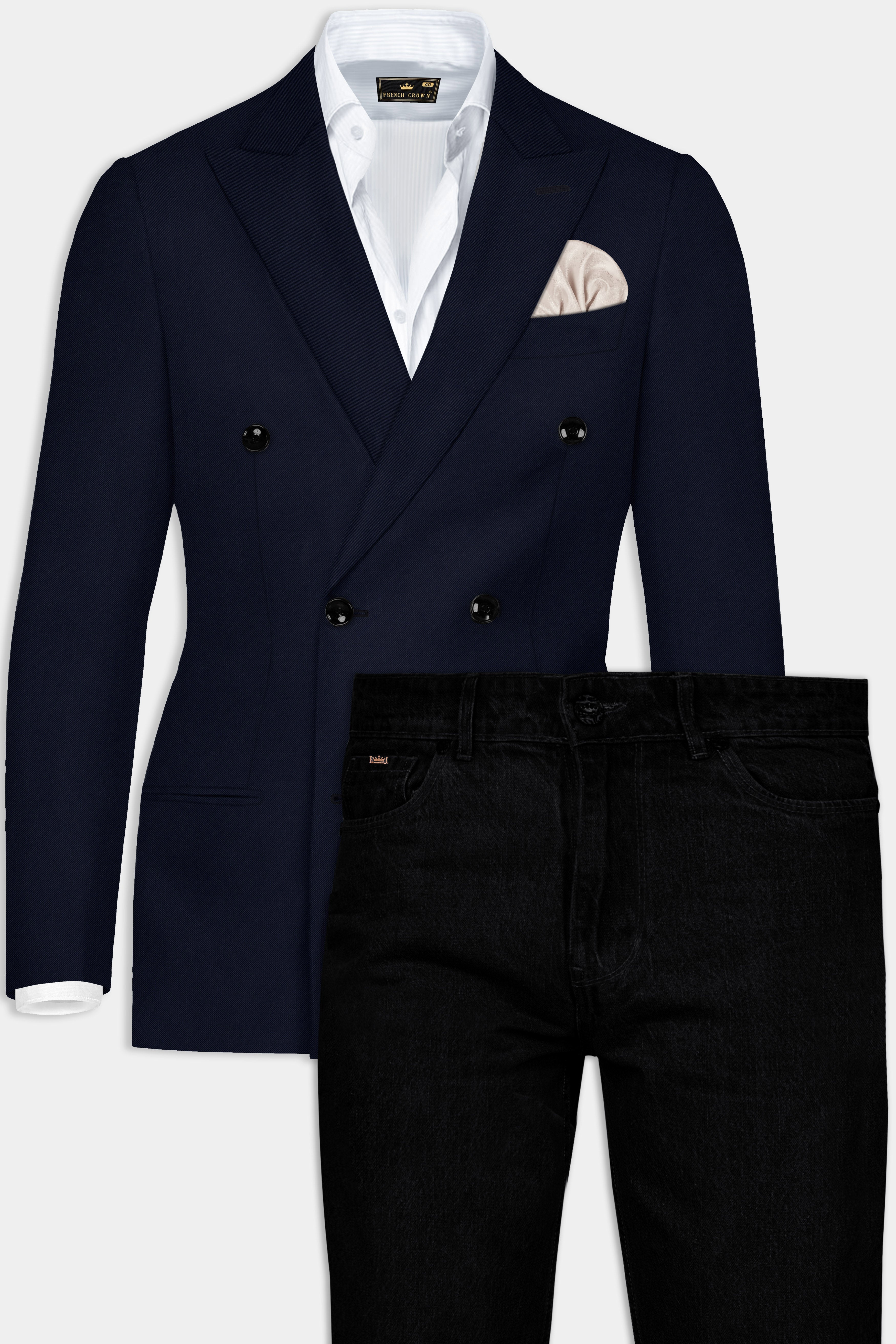 Tealish Blue Solid Wool Rich Double Breasted Blazer With Jade Black Jeans