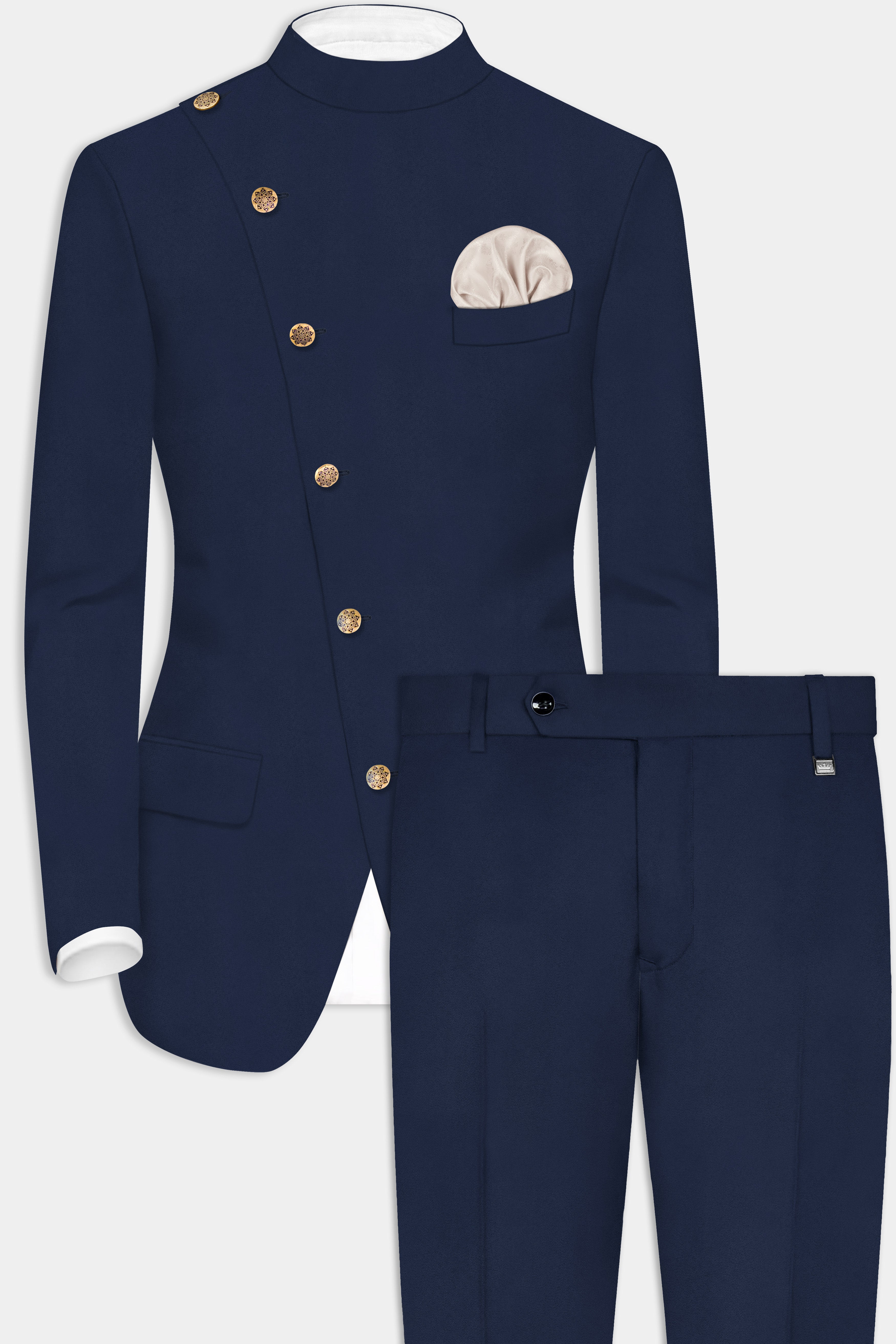 Firefly Blue Solid Wool Rich Cross Placket Bandhgala Suit