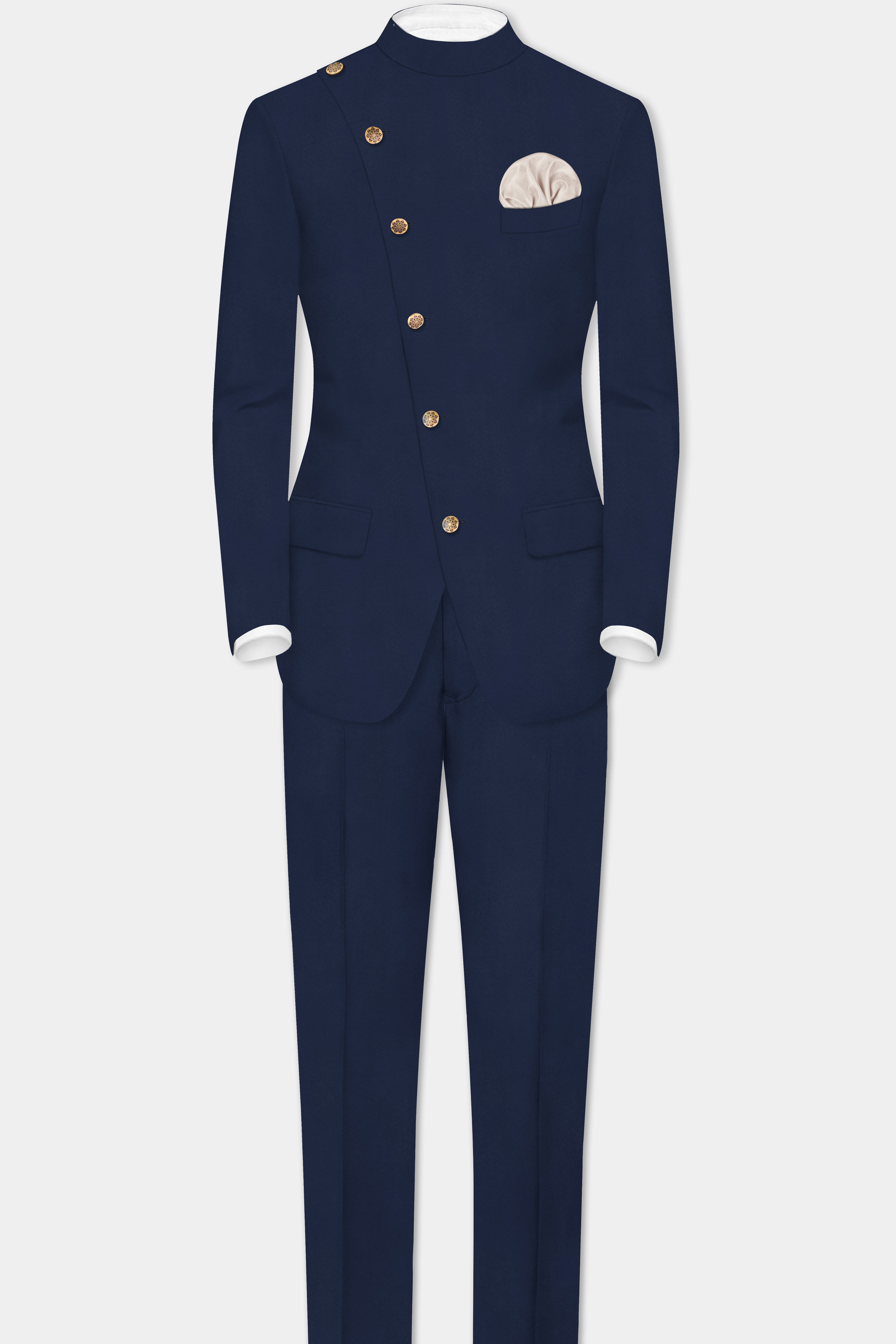 Firefly Blue Solid Wool Rich Cross Placket Bandhgala Suit