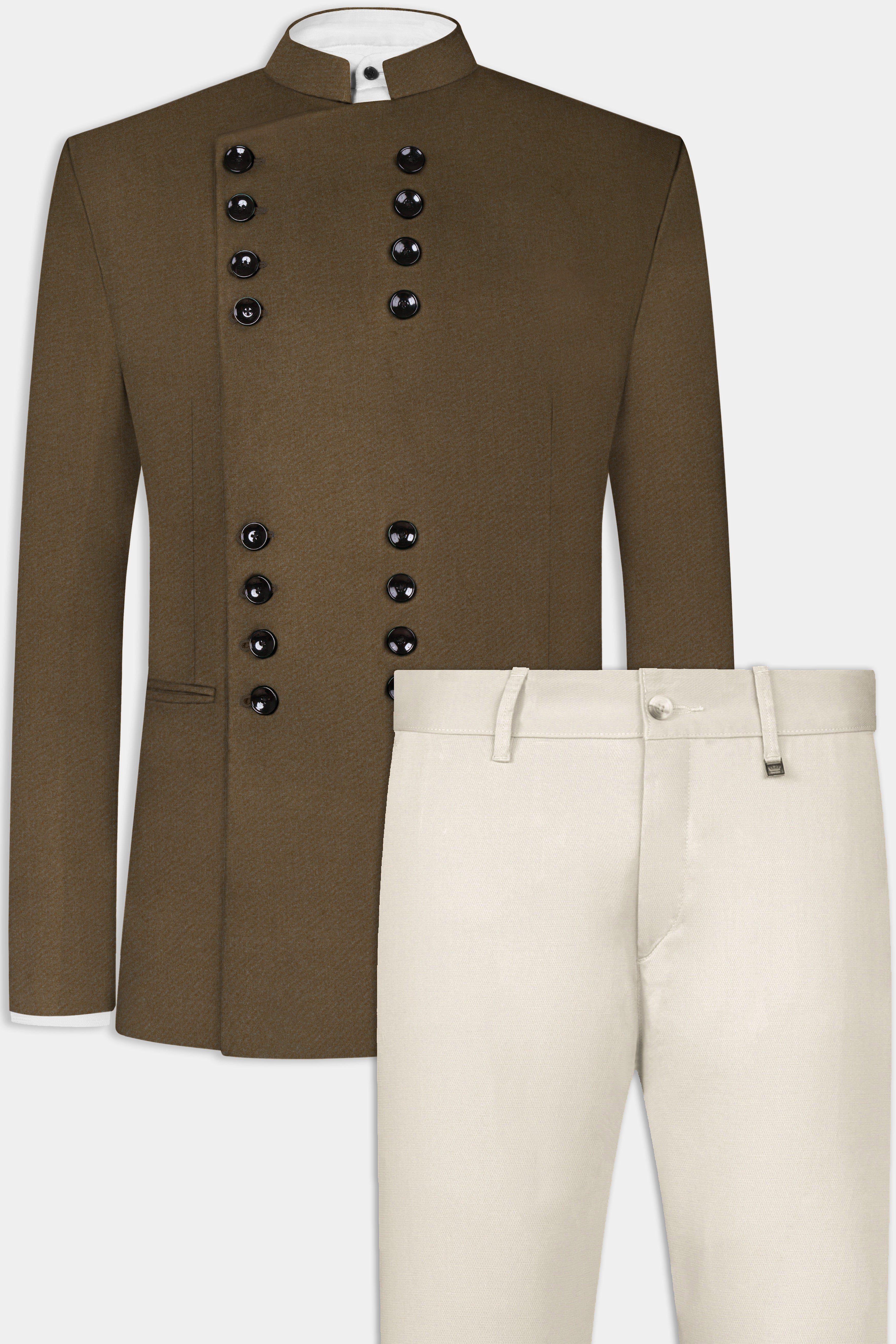 Makara Brown Solid Wool Rich Designer Bandhgala Blazer With Mercury Cream Chinos Pant