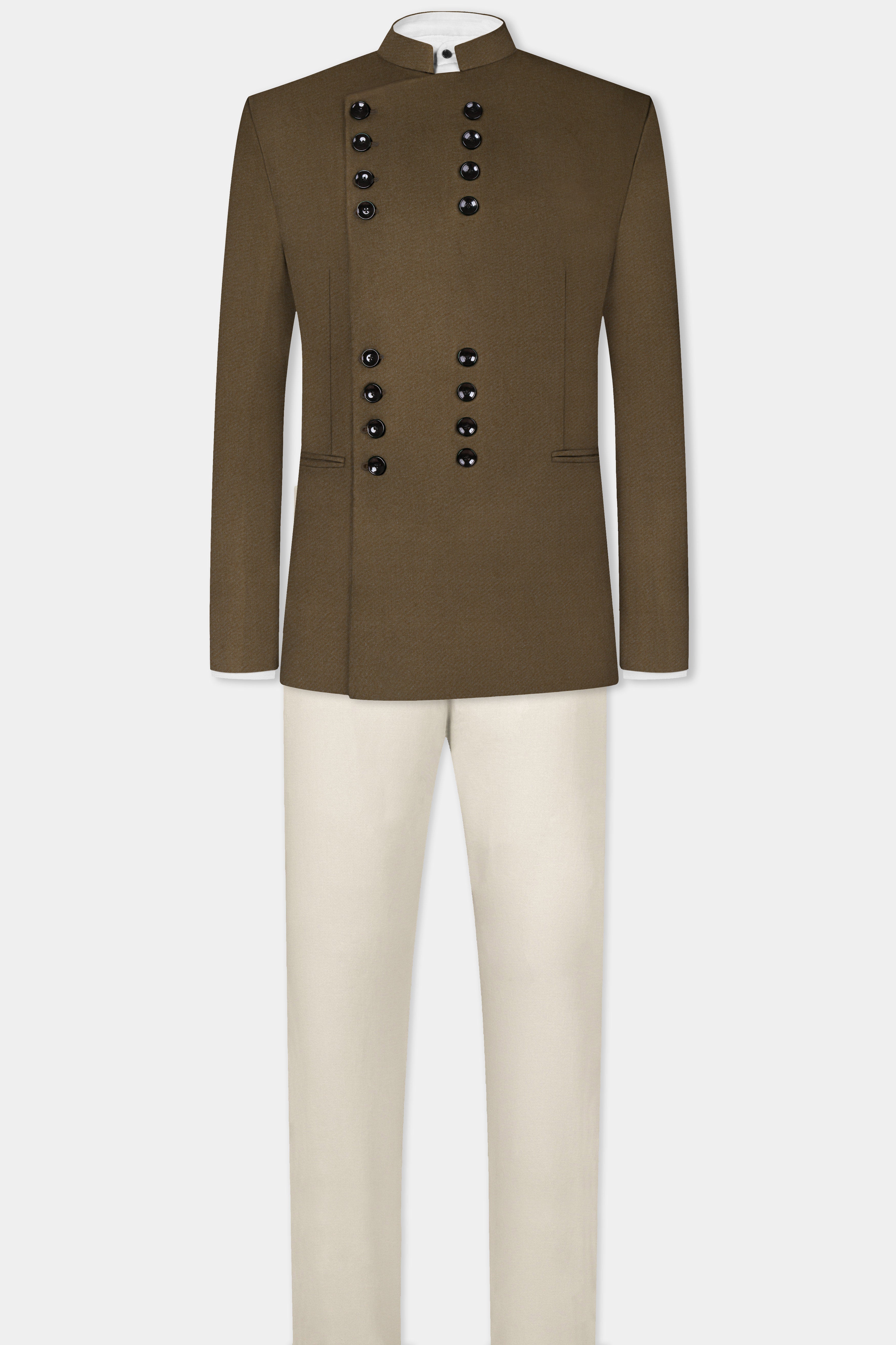 Makara Brown Solid Wool Rich Designer Bandhgala Blazer With Mercury Cream Chinos Pant