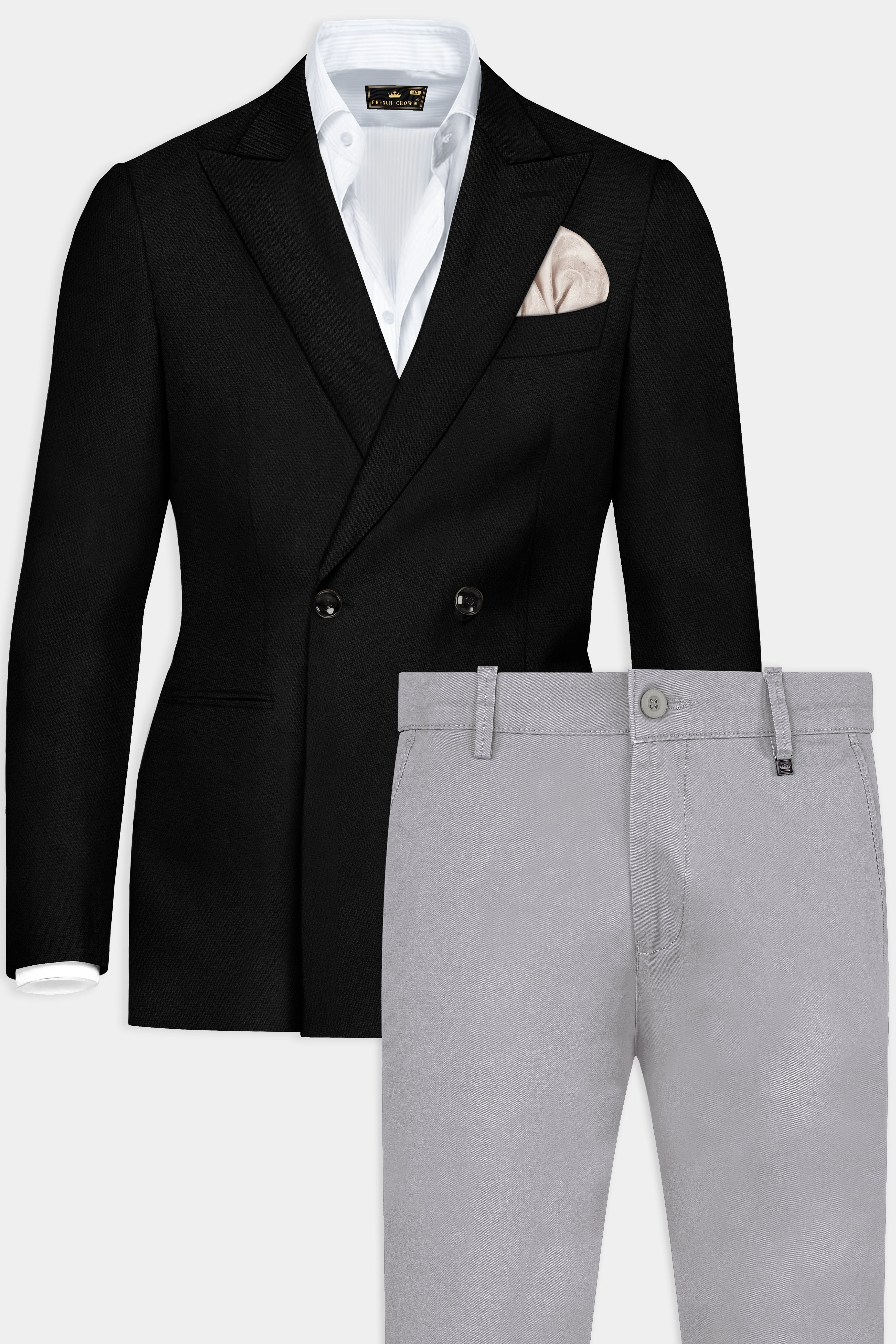 Jade Black Solid Wool Rich Double Breasted Blazer With Nobel Gray Chinos Pant