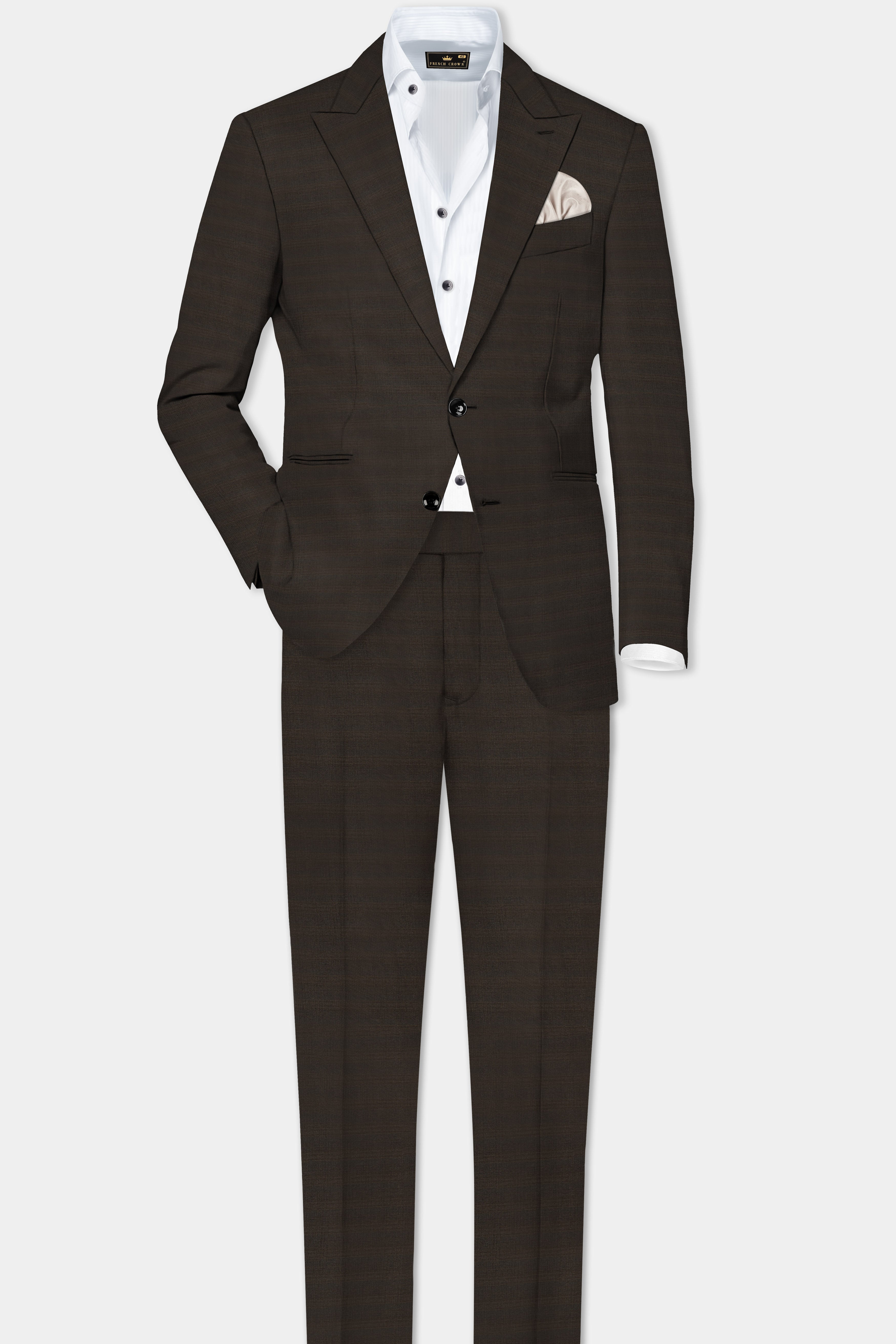 Piano Brown Textured Wool Rich Single Breasted Peak lapel Suit