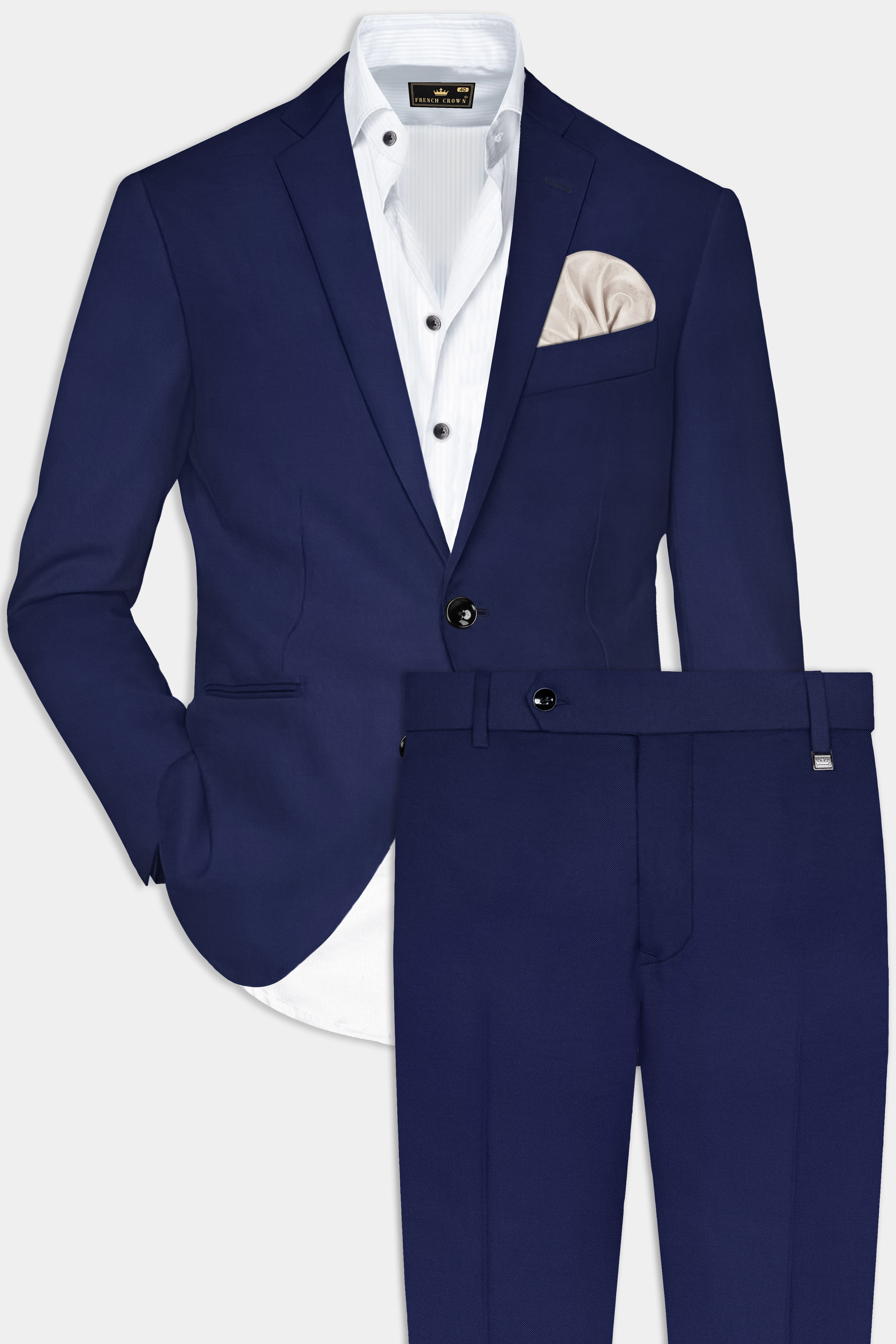 Jaguar Blue Textured Wool Rich Single Breasted Slim Lapel Suit