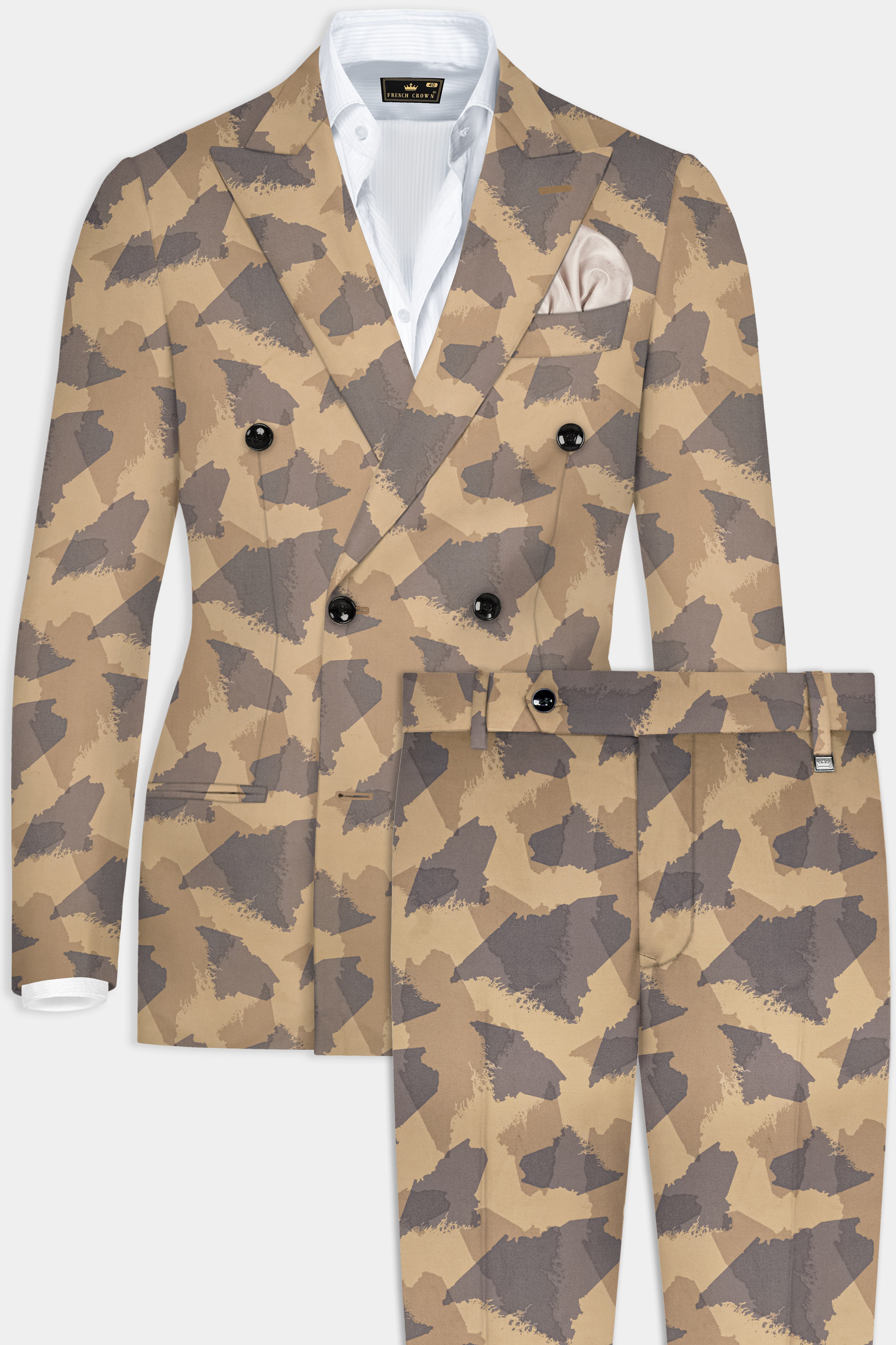 Mongoose Cream And Scorpion Brown Camouflage Printed Cotton Double Breasted Slim Lapel Suit