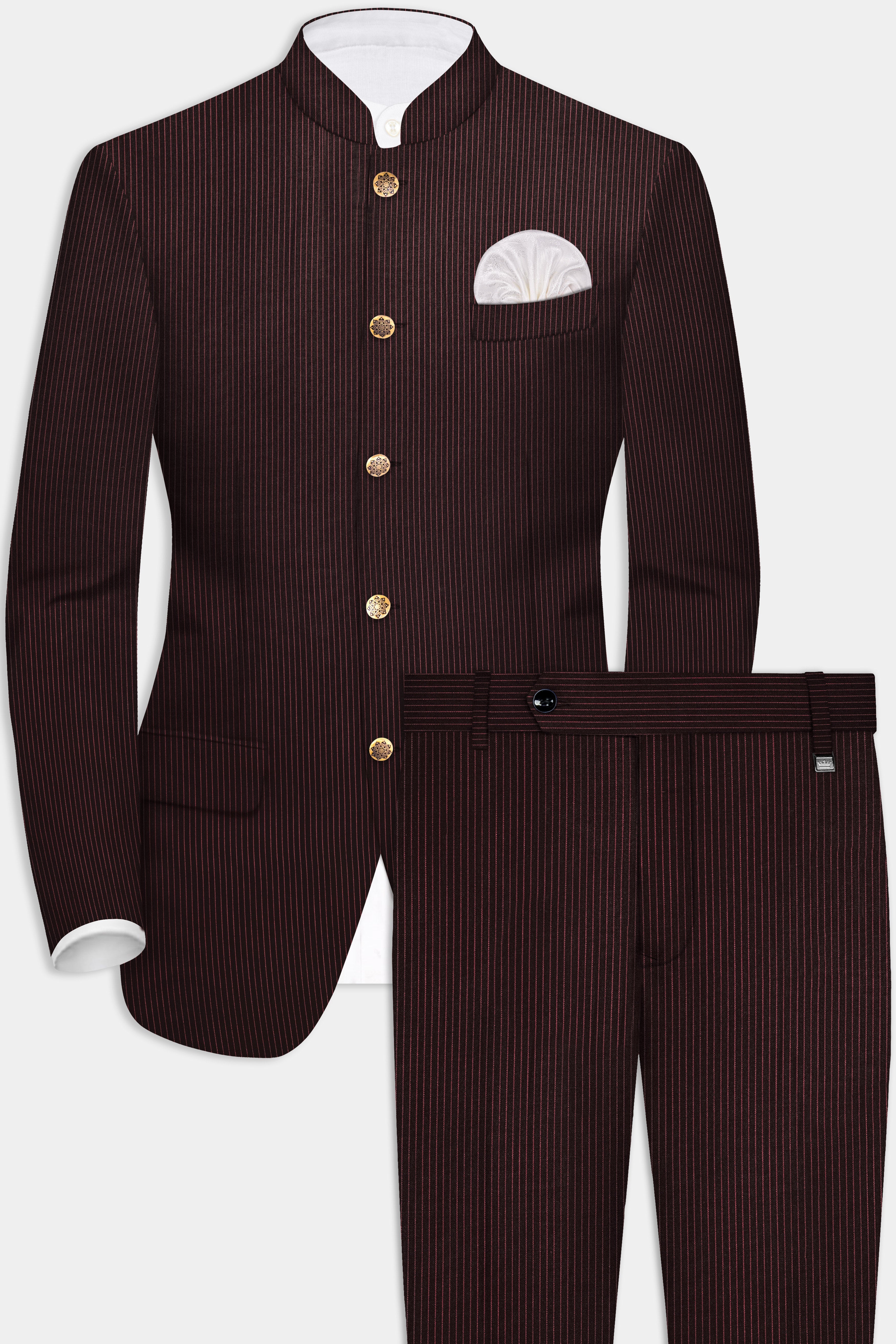 English Walnut Red Striped Wool Rich Bandhgala Suit