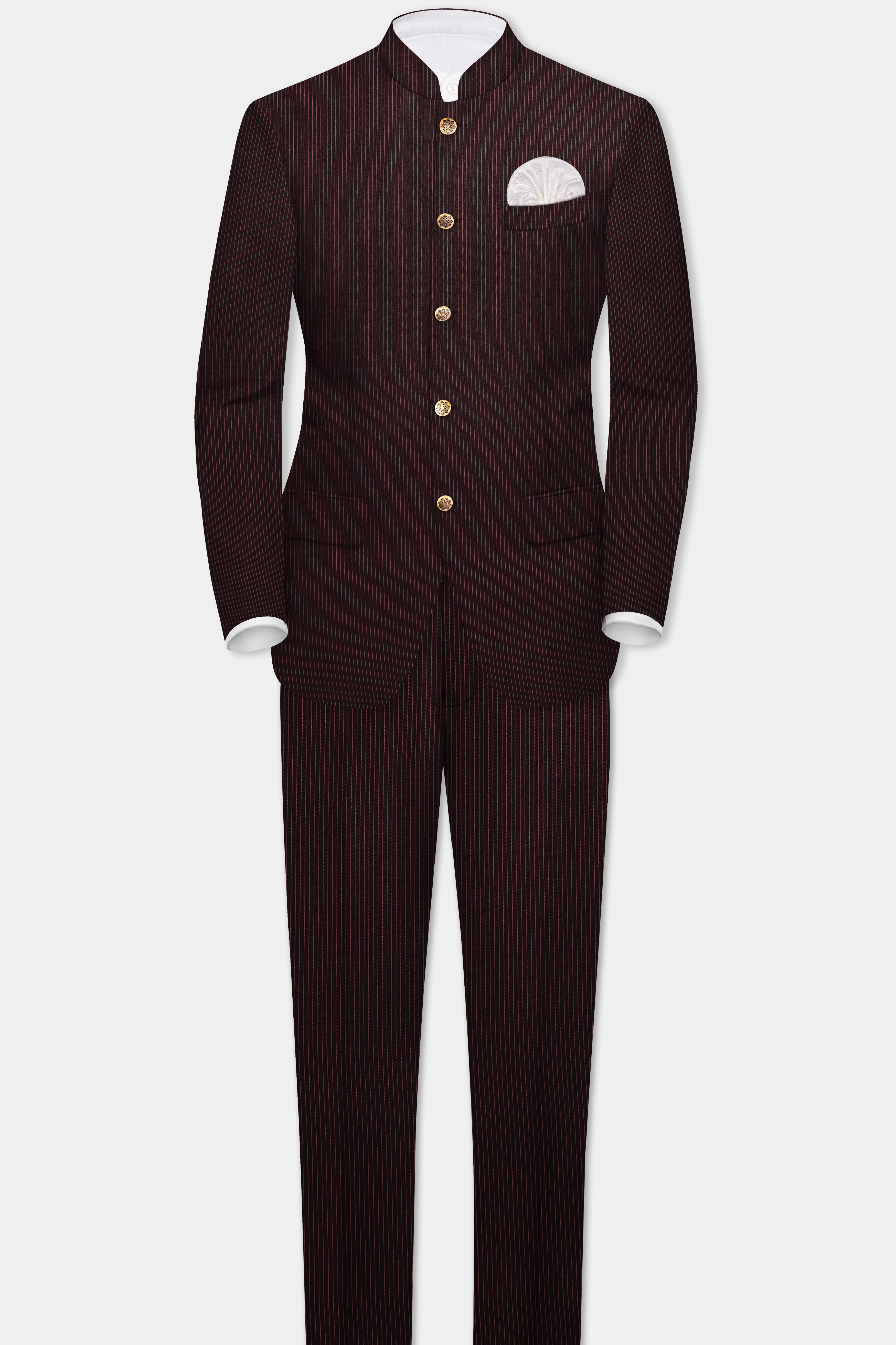 English Walnut Red Striped Wool Rich Bandhgala Suit