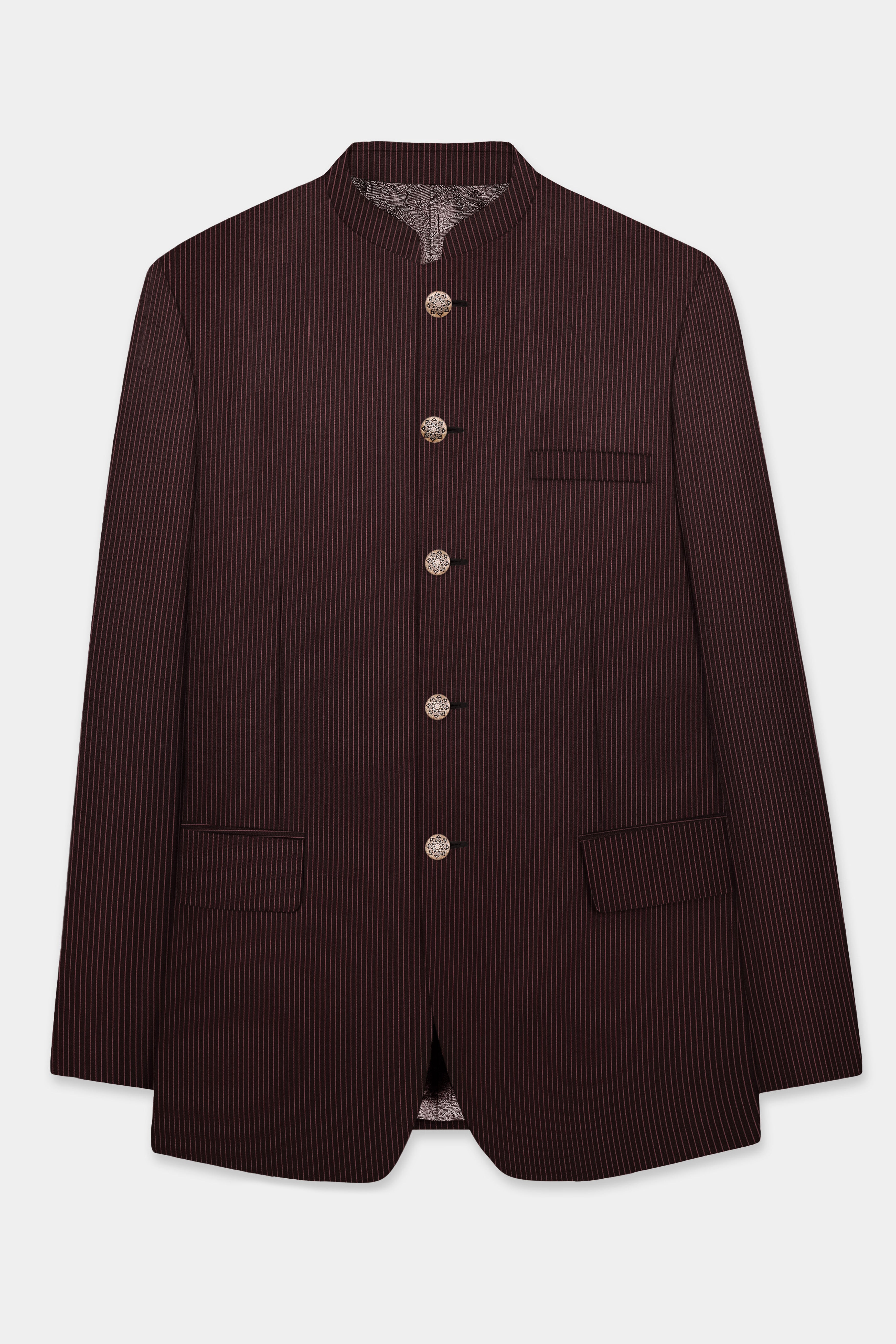 English Walnut Red Striped Wool Rich Bandhgala Suit