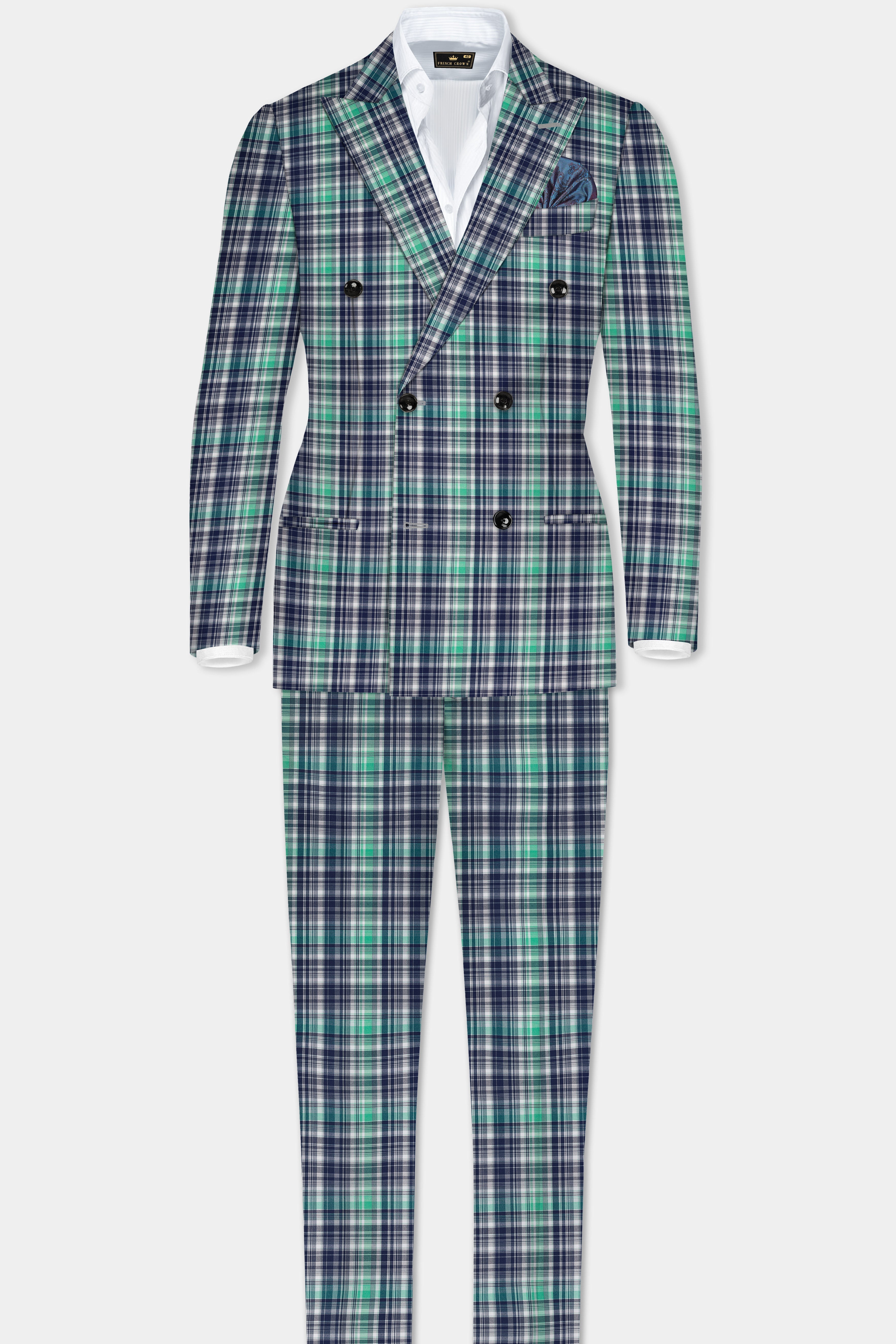 Lochinvar Green And Royal Blue Printed Cotton Double Breasted Suit