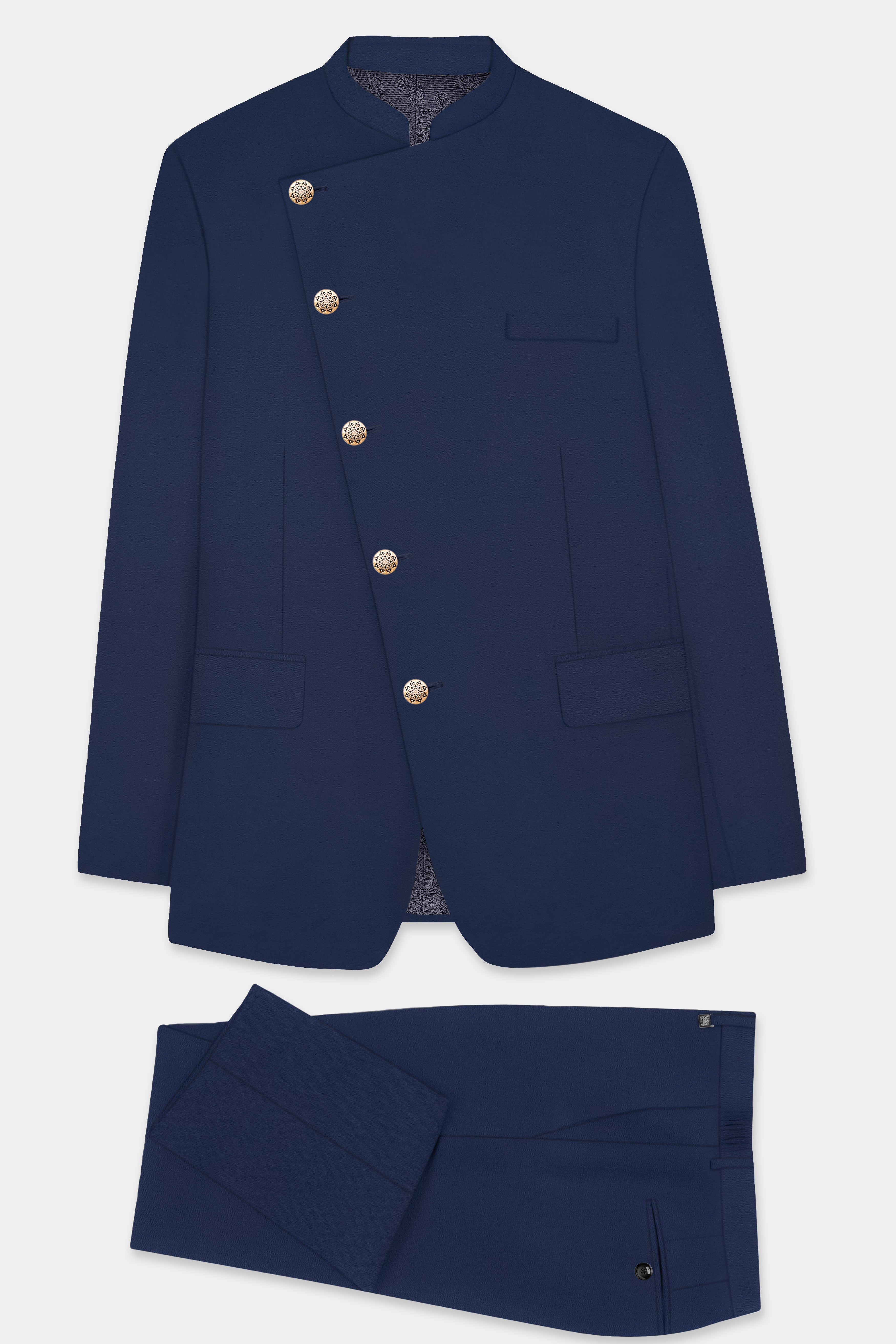 Comet Blue Solid Wool Rich Cross Placket Bandhgala Suit