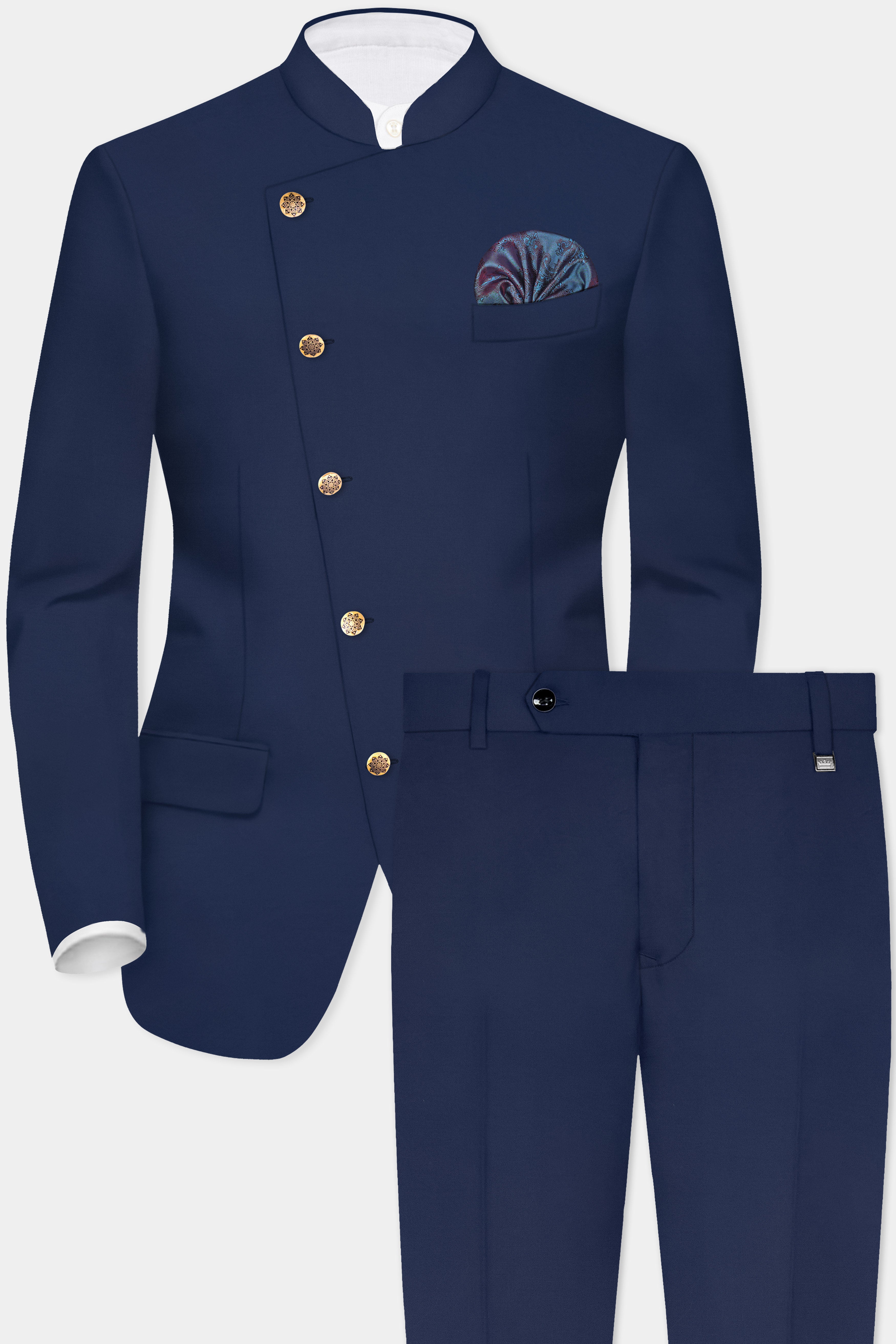 Comet Blue Solid Wool Rich Cross Placket Bandhgala Suit