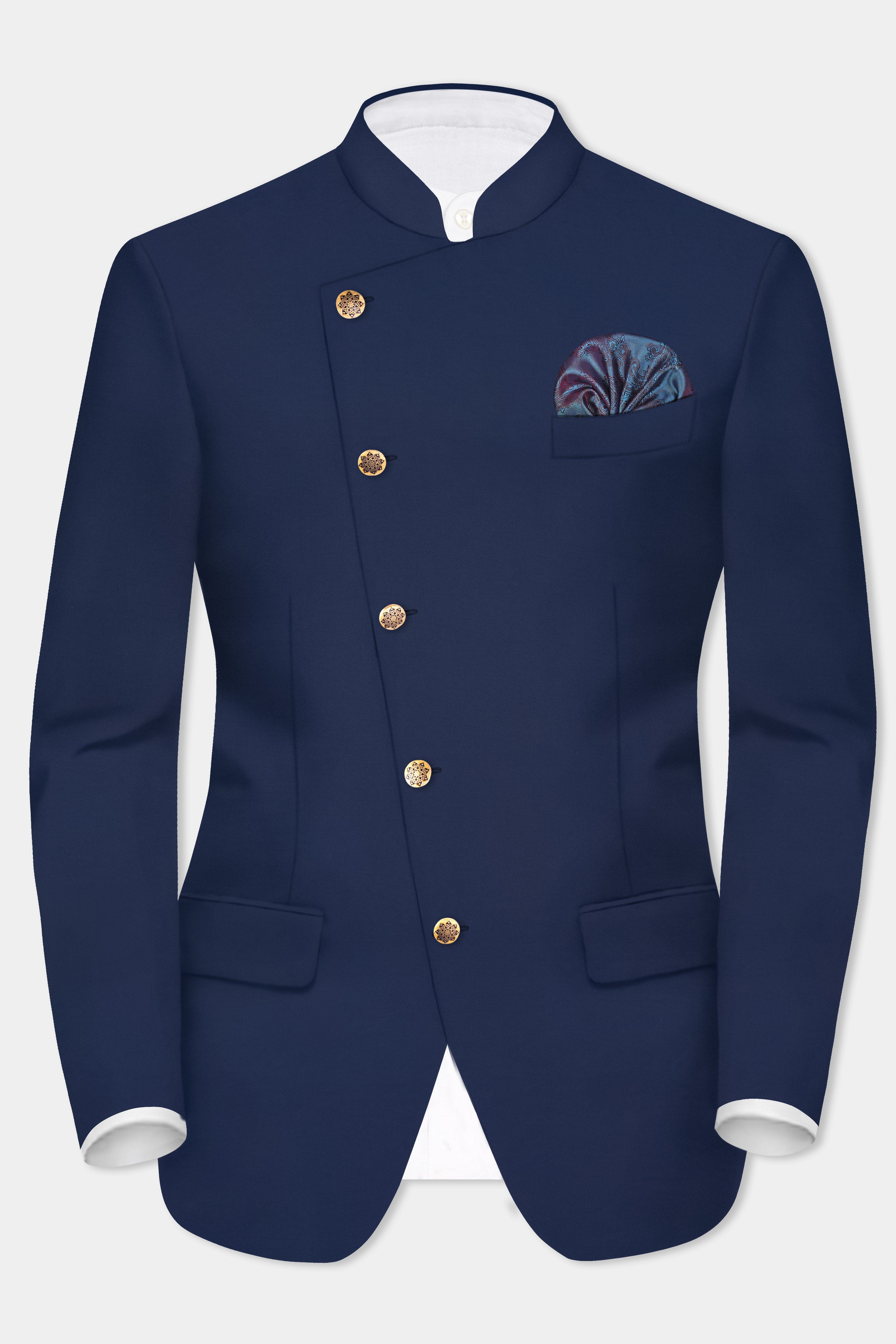 Comet Blue Solid Wool Rich Cross Placket Bandhgala Suit