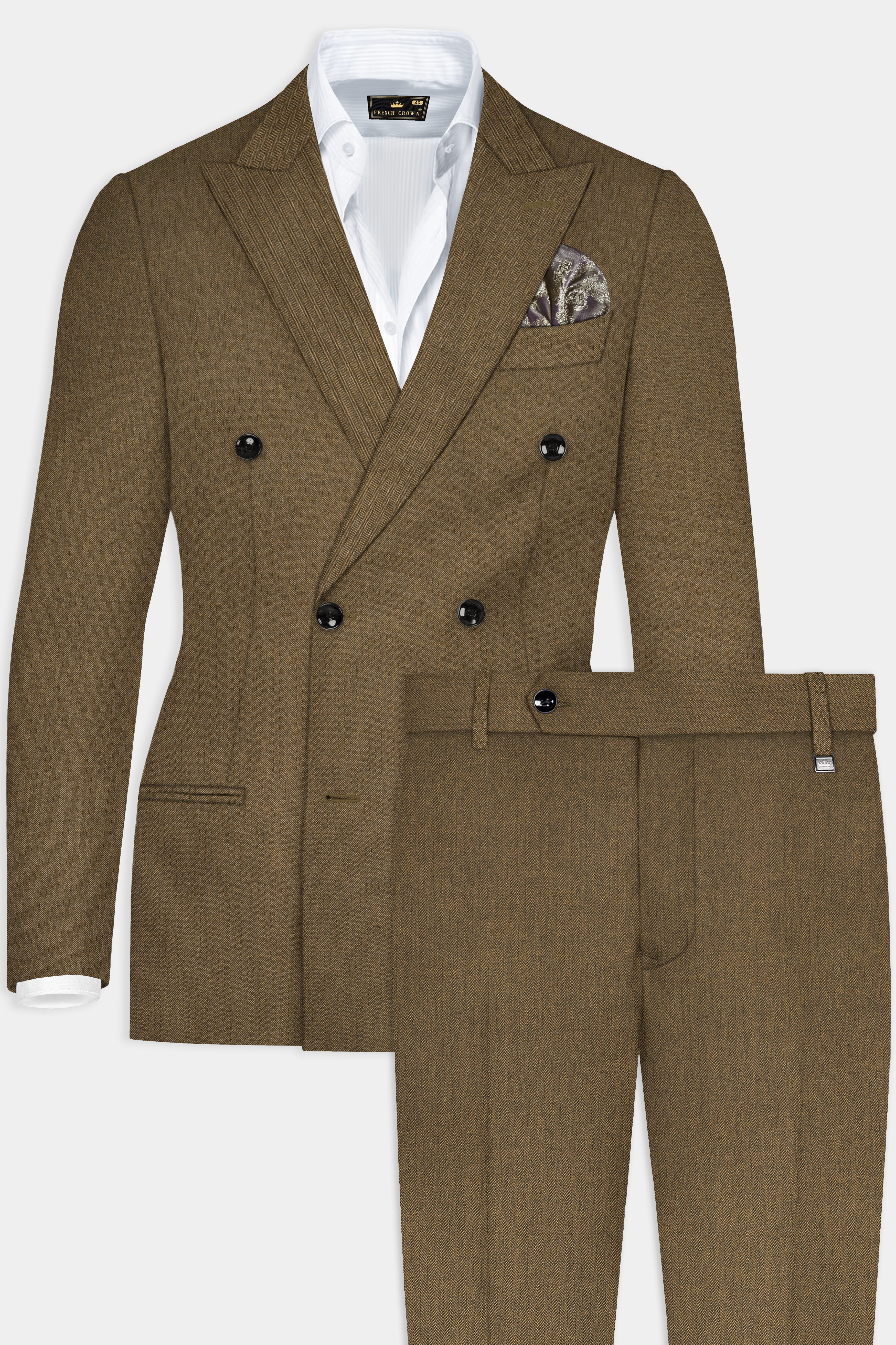 Bronze herringbone Plaid Tweed Double Breasted Suit