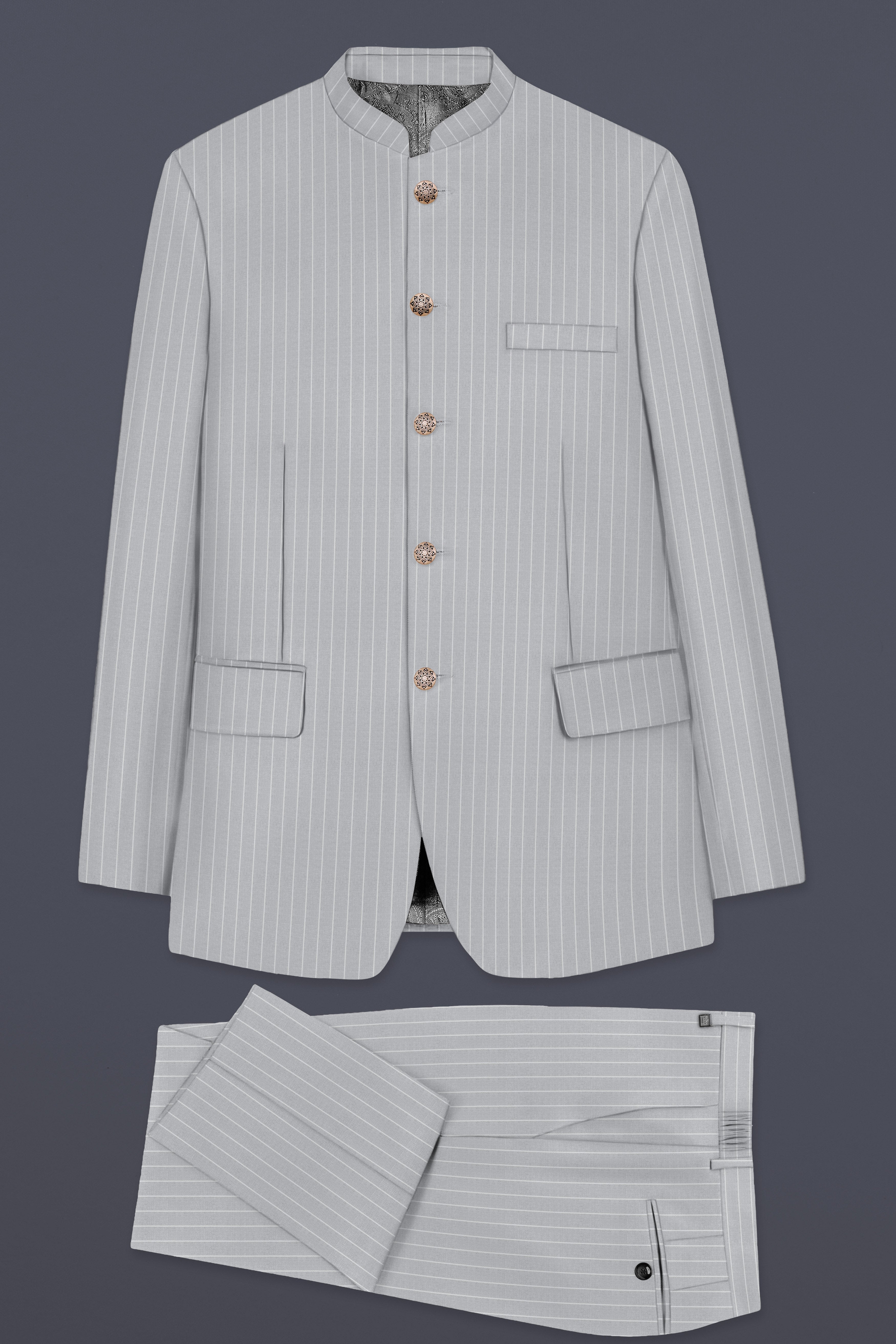 Mercury Gray Stripes Wool Rich Bandhgala Suit