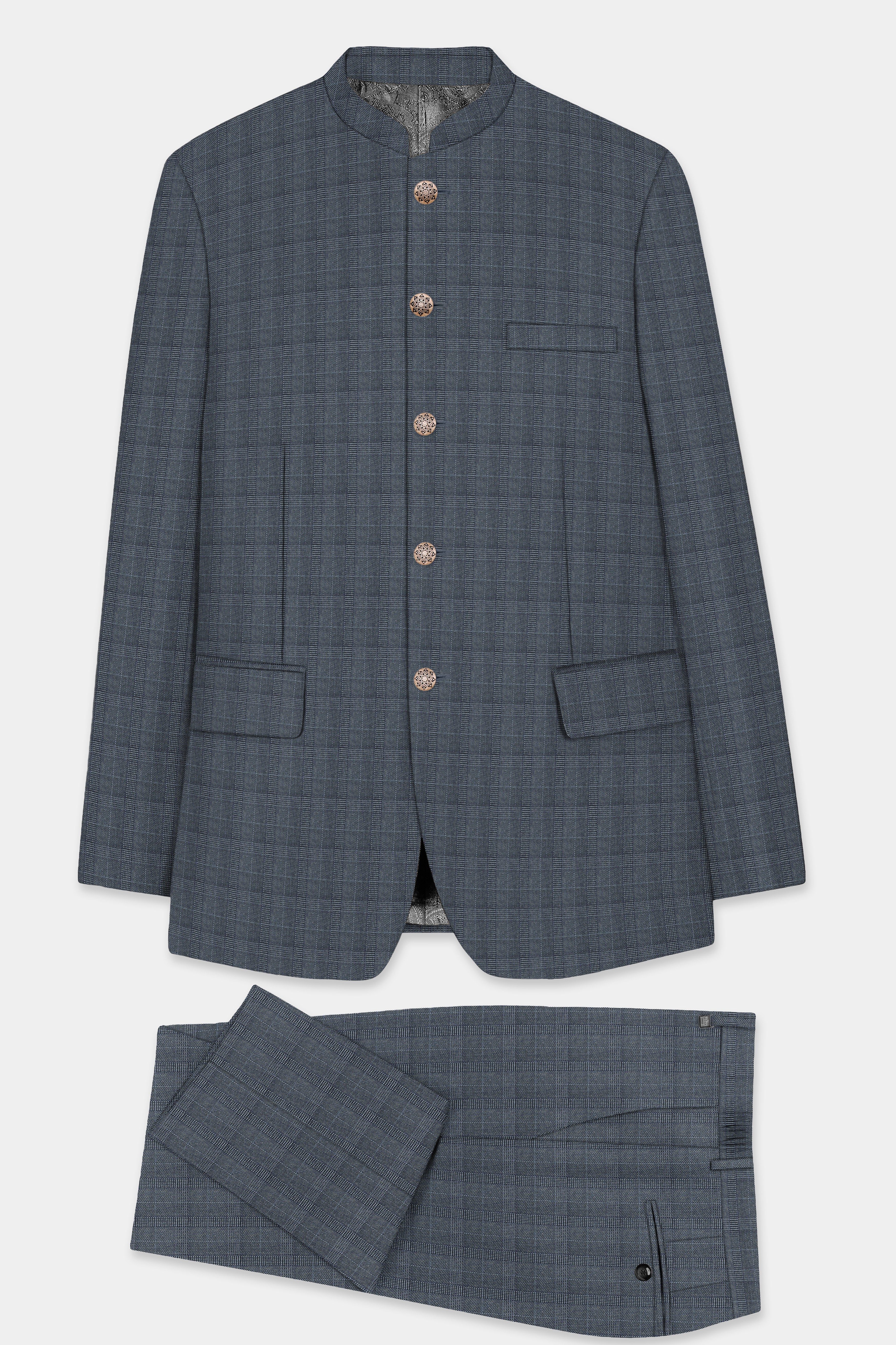 Trout Gray Windowpane Wool Rich Bandhgala Suit