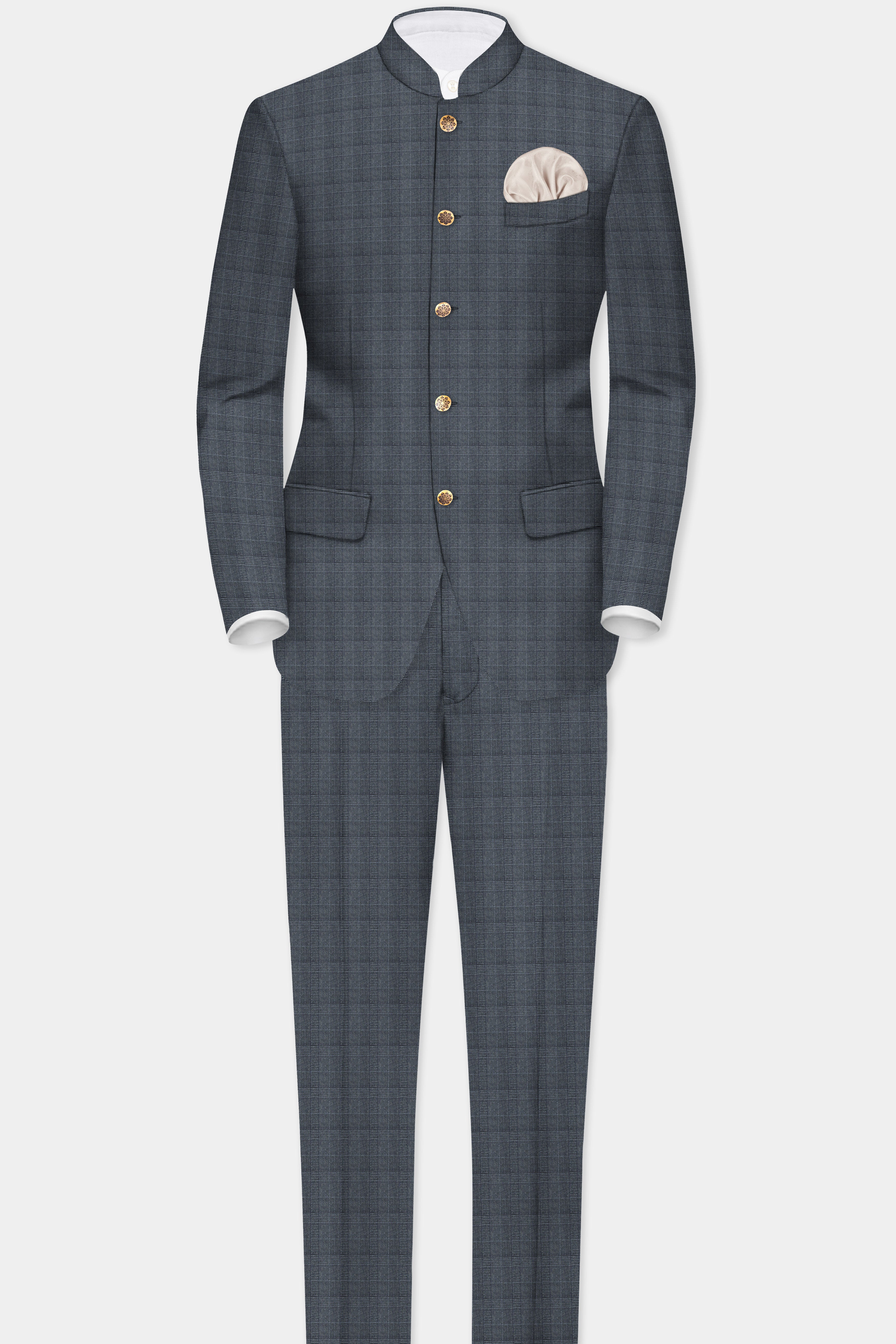 Trout Gray Windowpane Wool Rich Bandhgala Suit