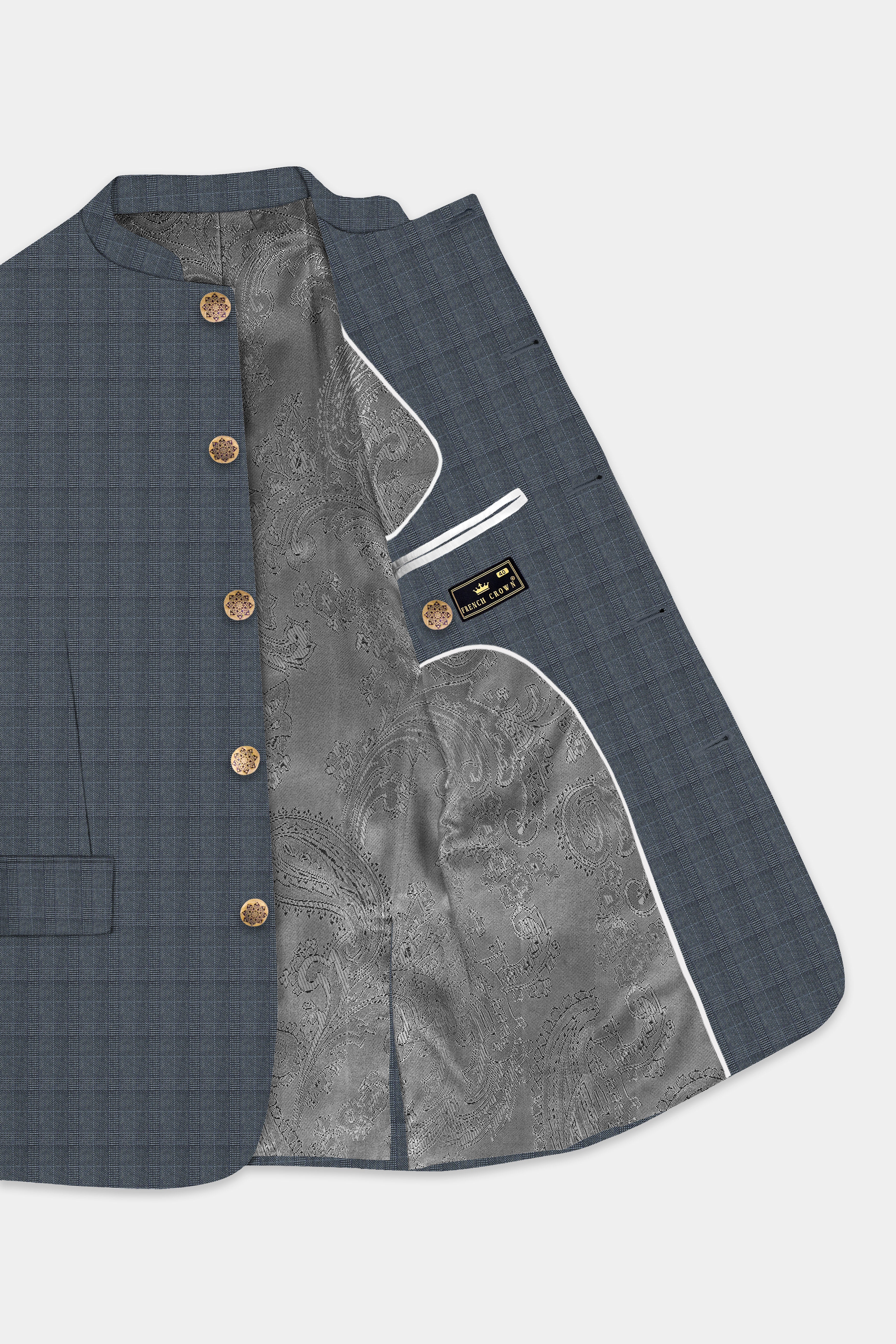 Trout Gray Windowpane Wool Rich Bandhgala Suit