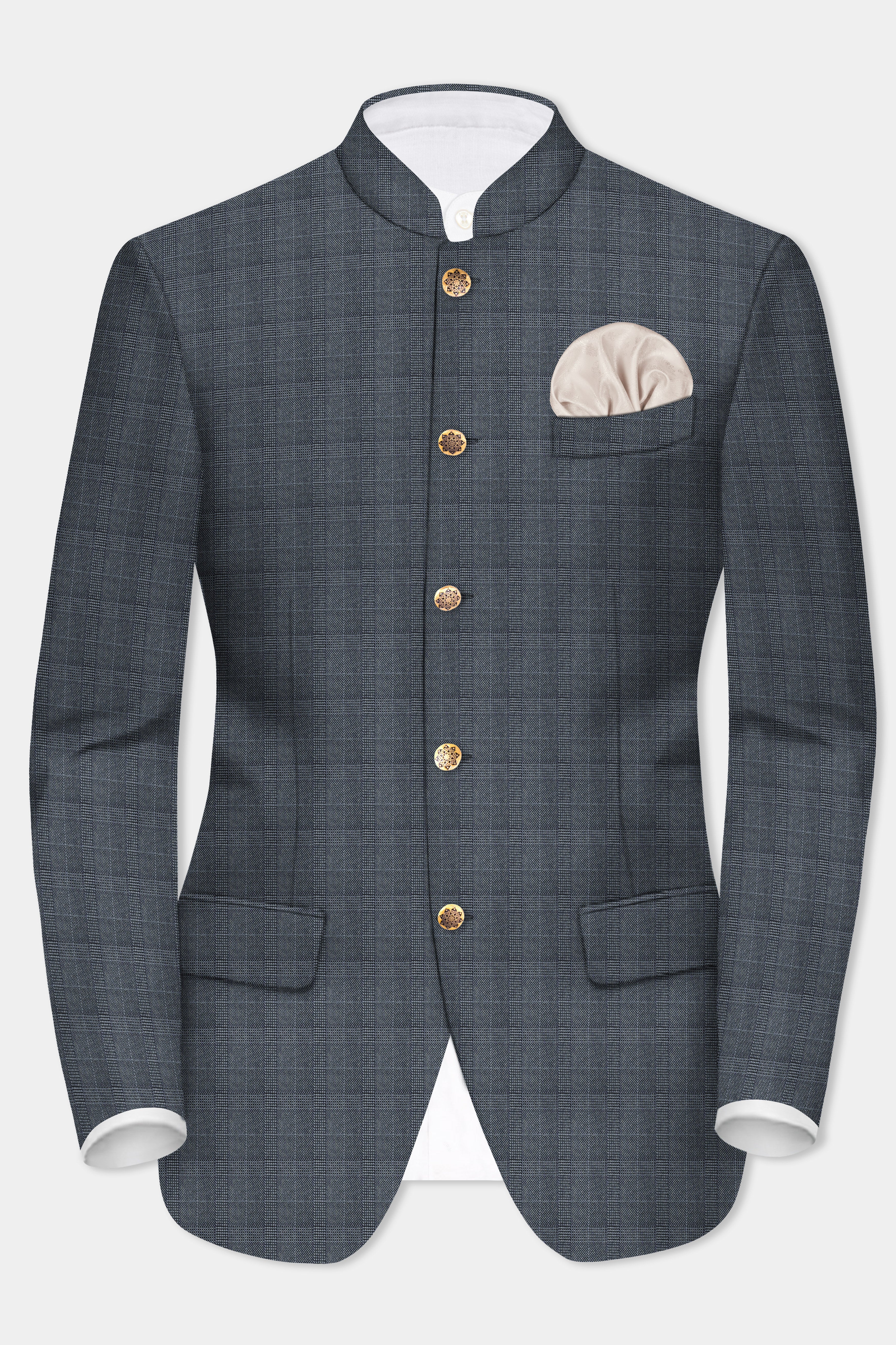 Trout Gray Windowpane Wool Rich Bandhgala Suit