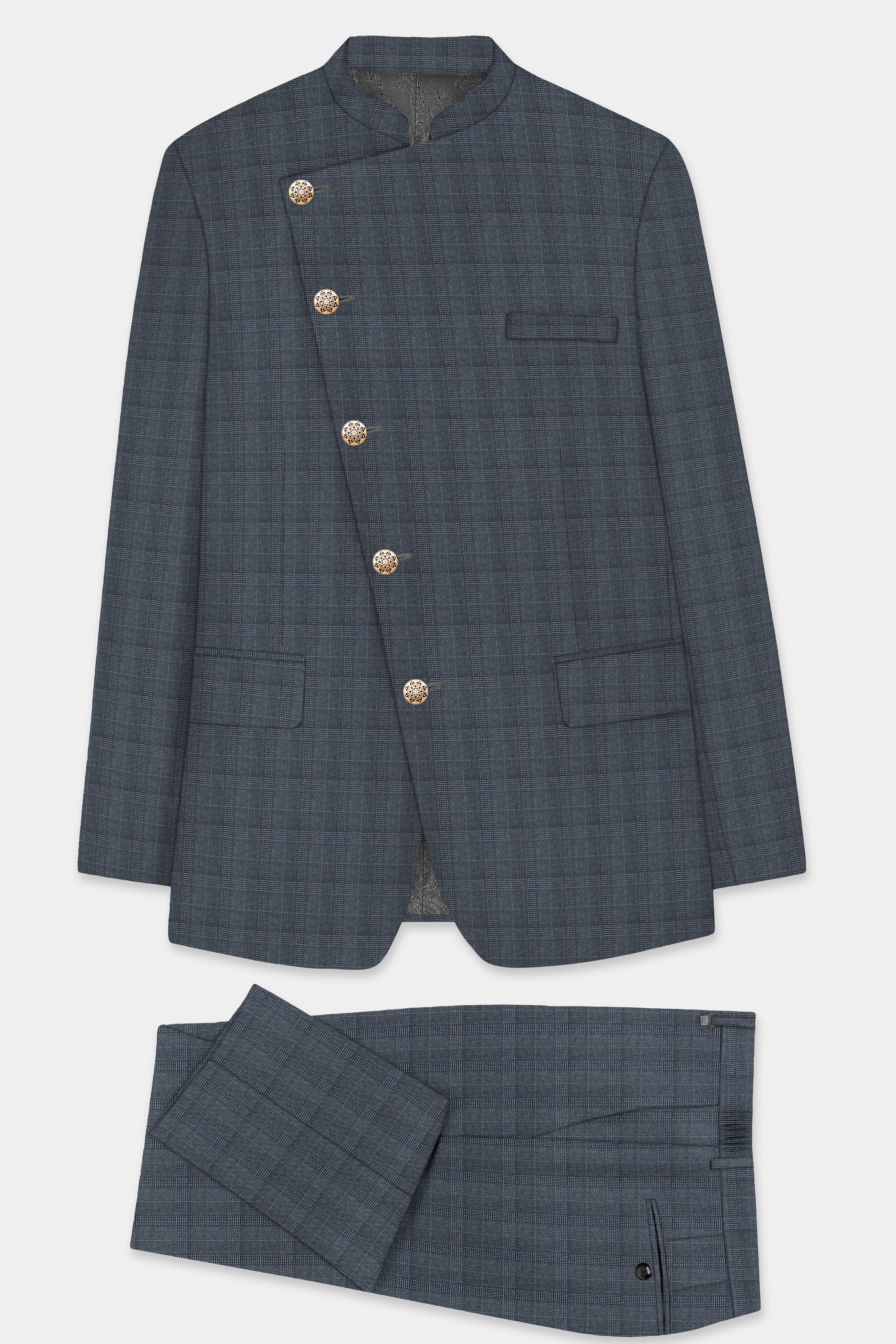 Trout Gray Windowpane Wool Rich Cross Placket Bandhgala Suit