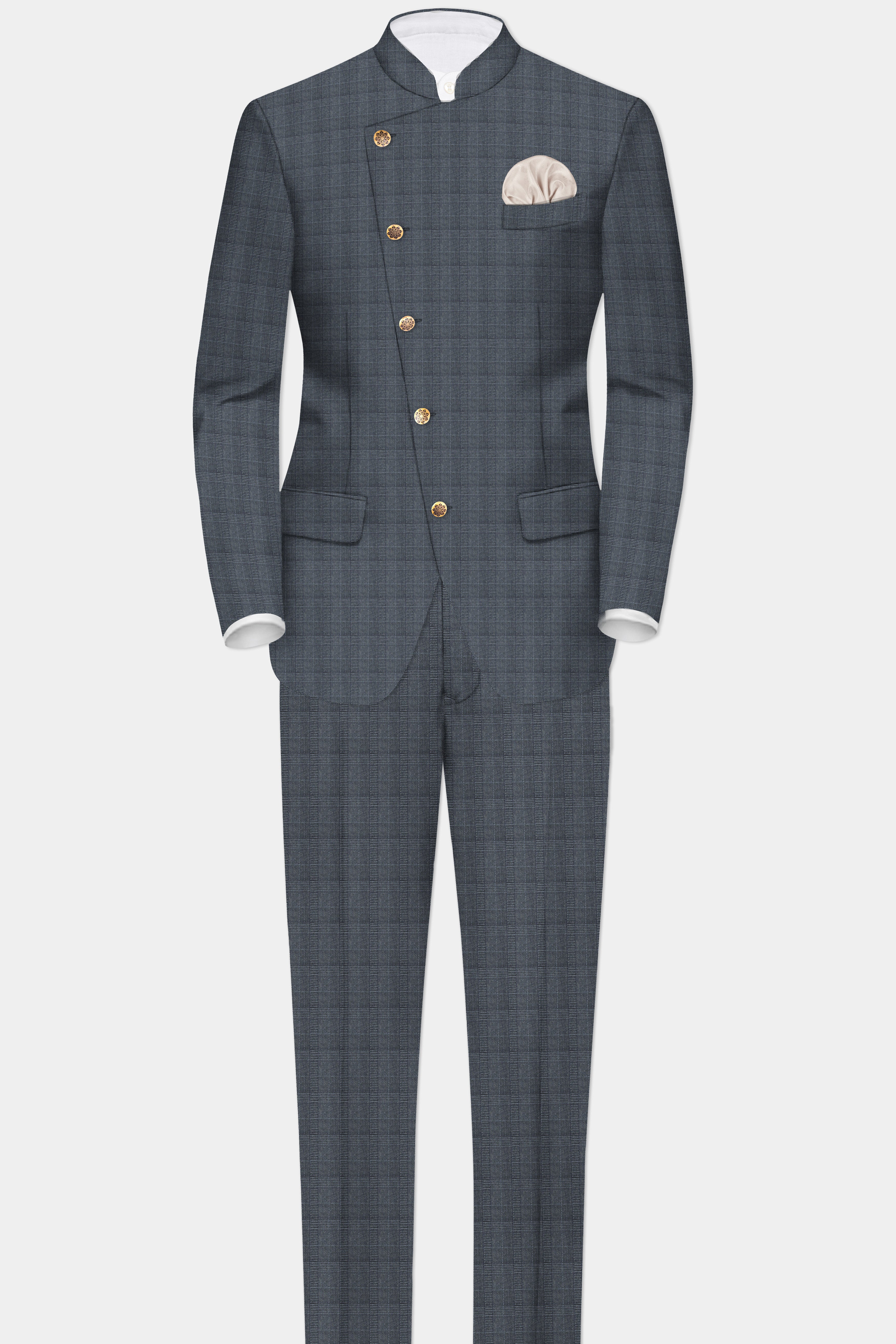 Trout Gray Windowpane Wool Rich Cross Placket Bandhgala Suit