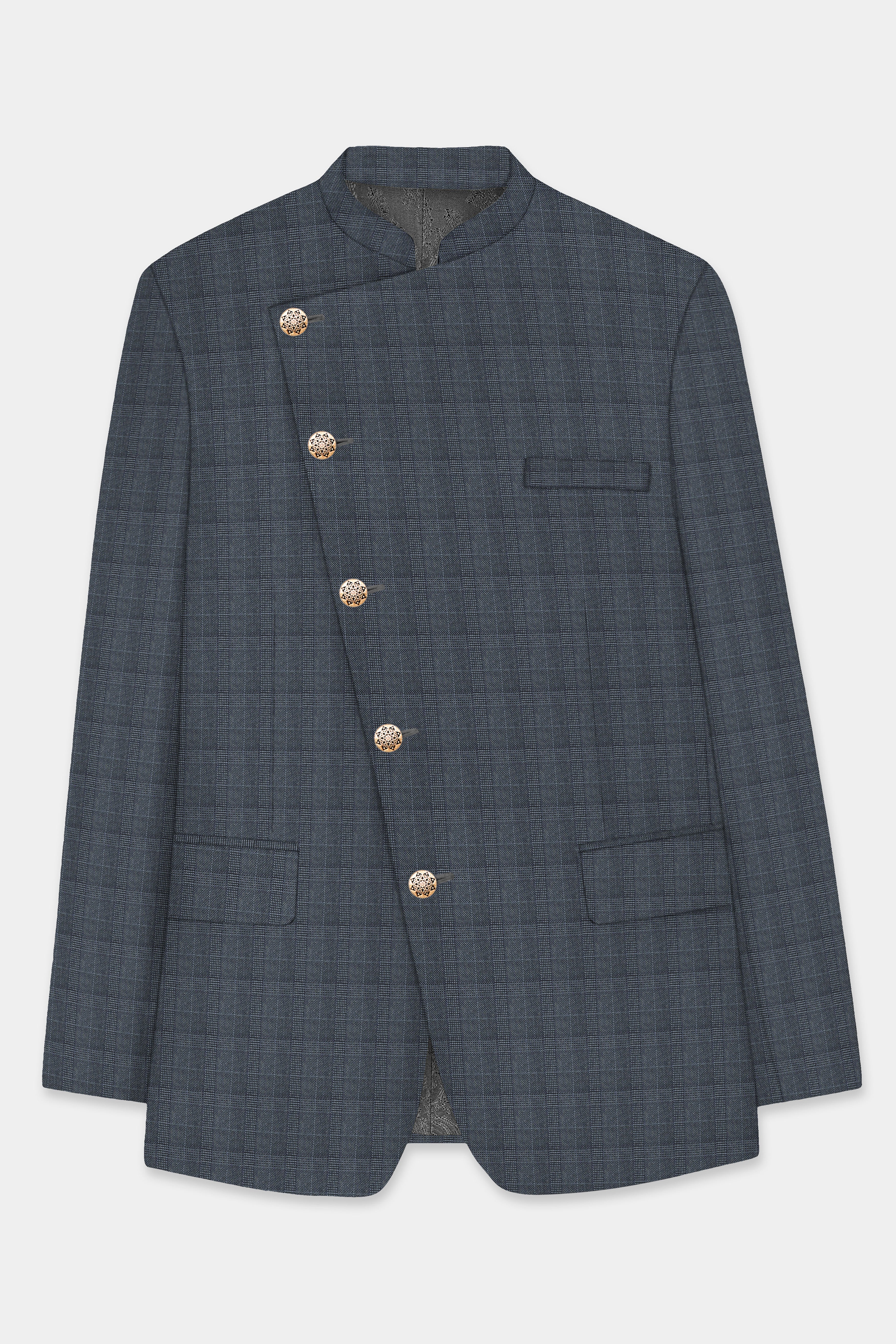 Trout Gray Windowpane Wool Rich Cross Placket Bandhgala Suit