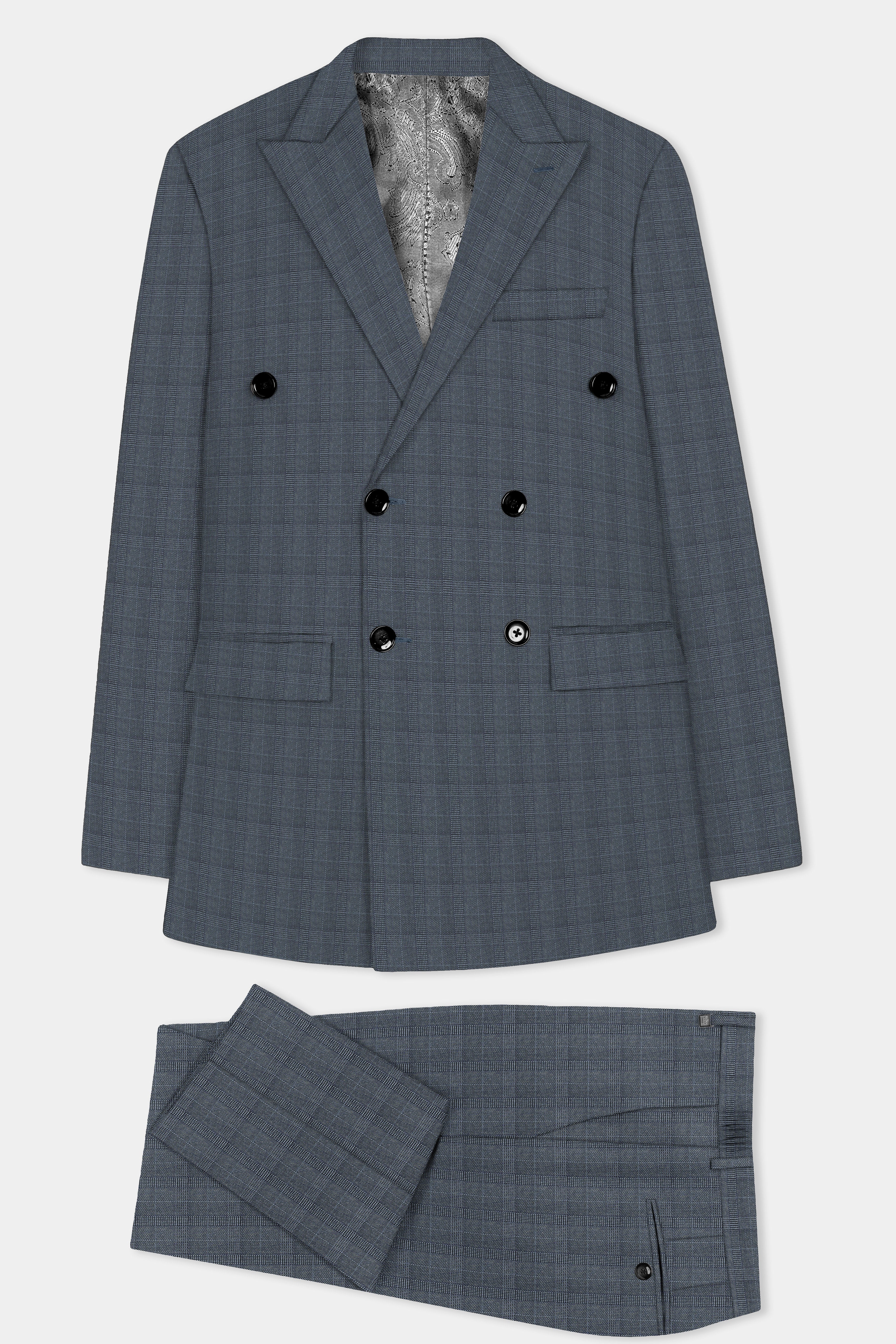 Trout Gray Windowpane Wool Rich Double Breasted Suit