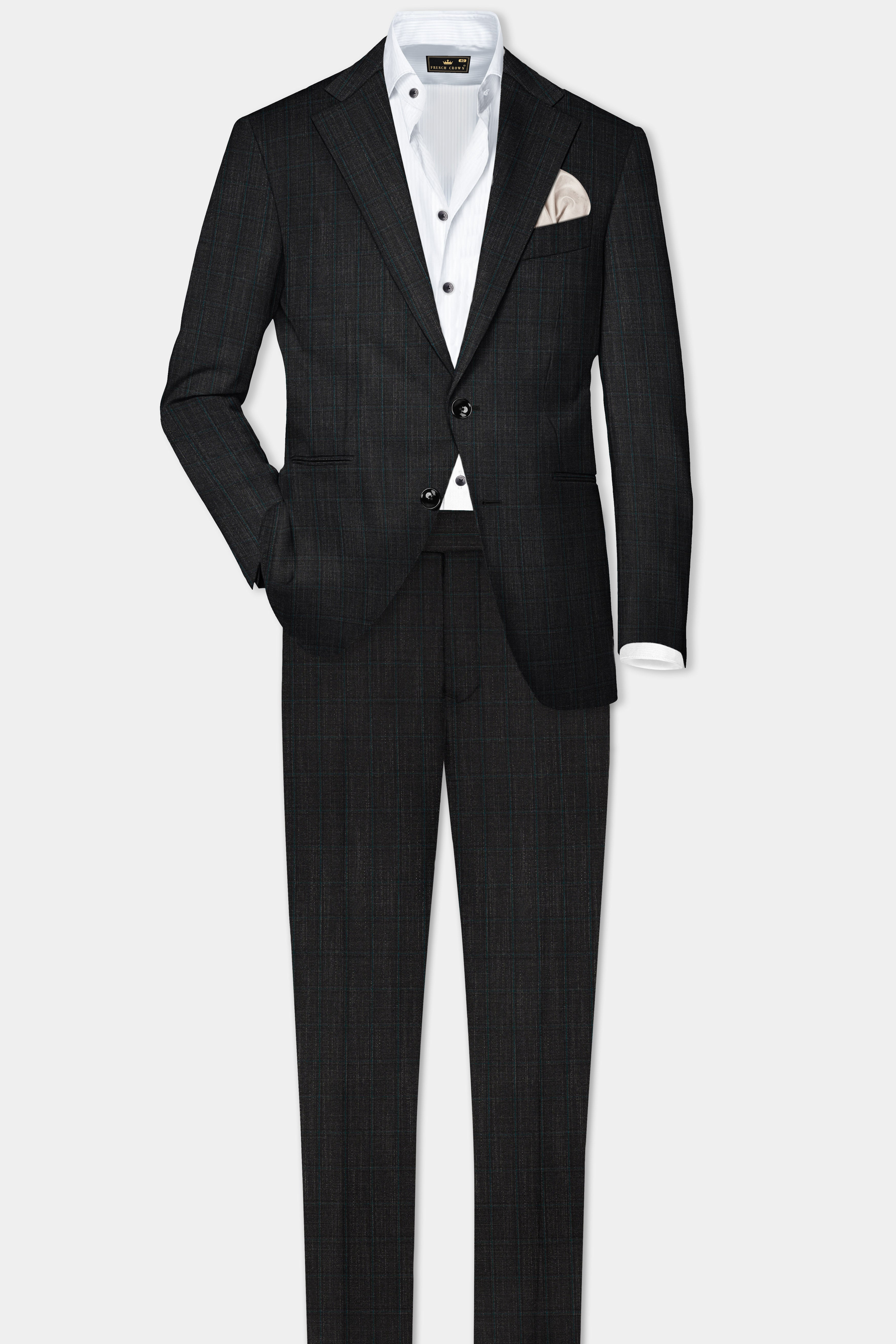 Charcoal Gray Plaid Wool Rich Single Breasted Suit