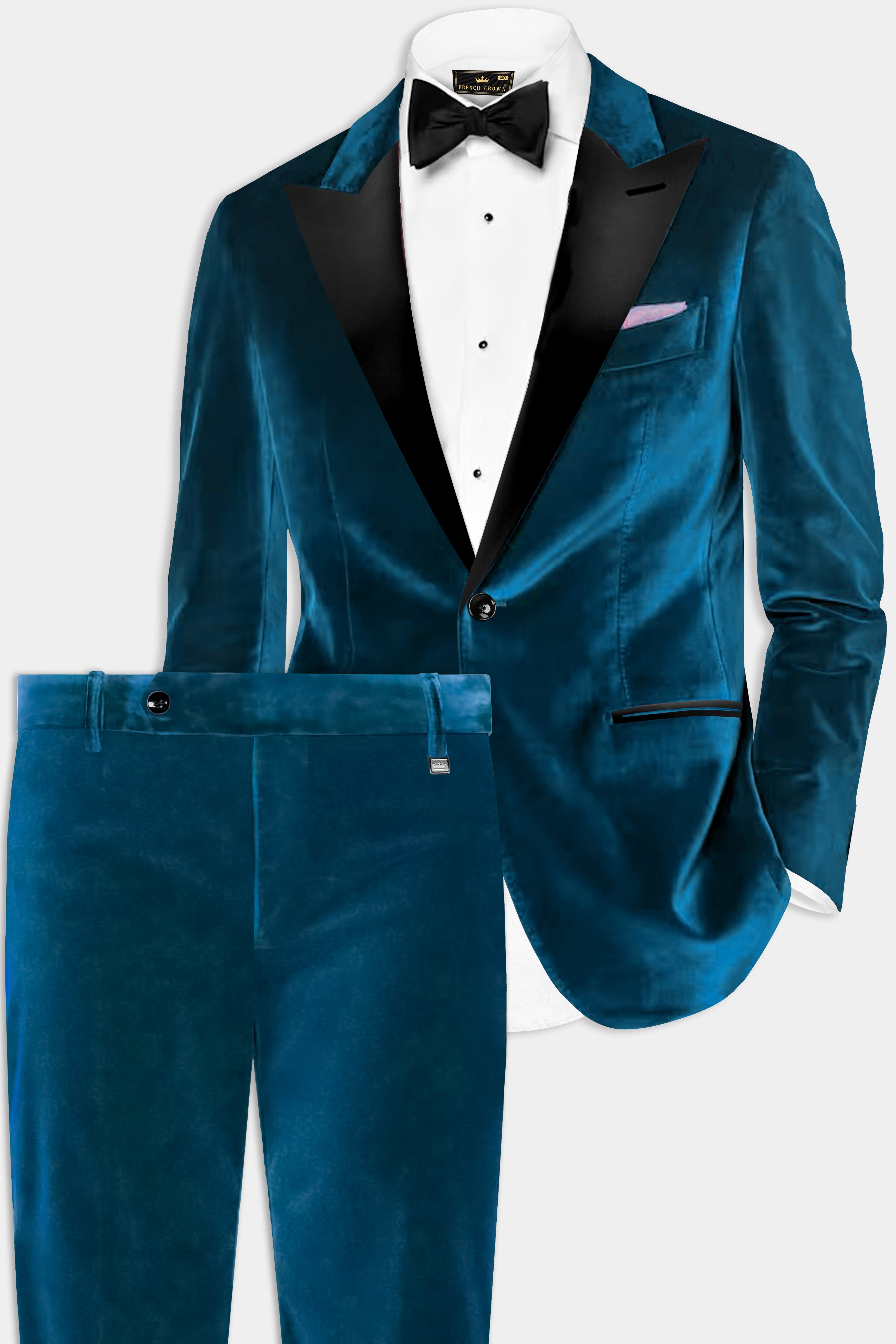 Azure Regal-Prussian Blue Velvet Peak Lapel Tuxedo Suit