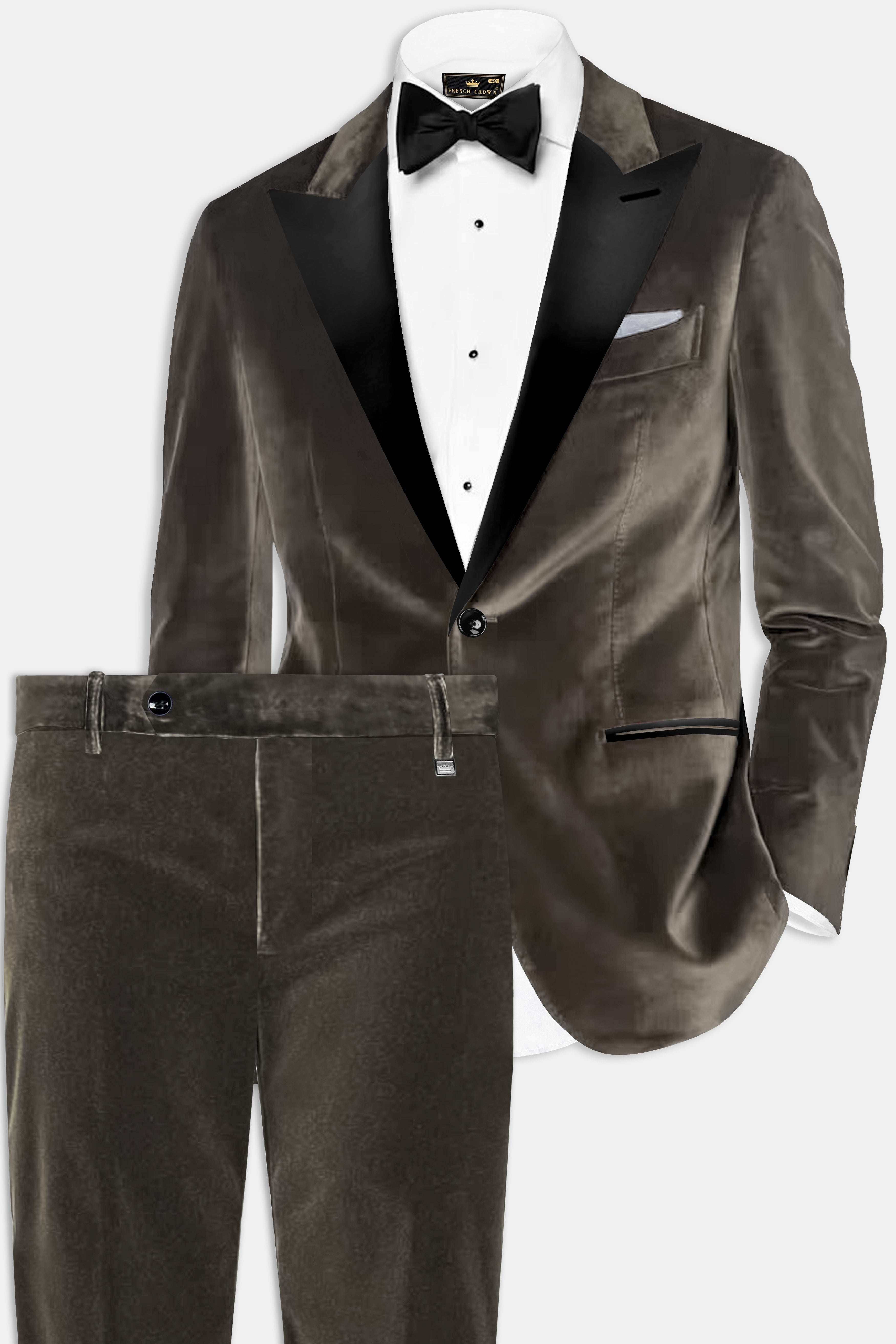 Bronze Elegance-Bistre Brown Velvet Peak Collar Tuxedo Suit