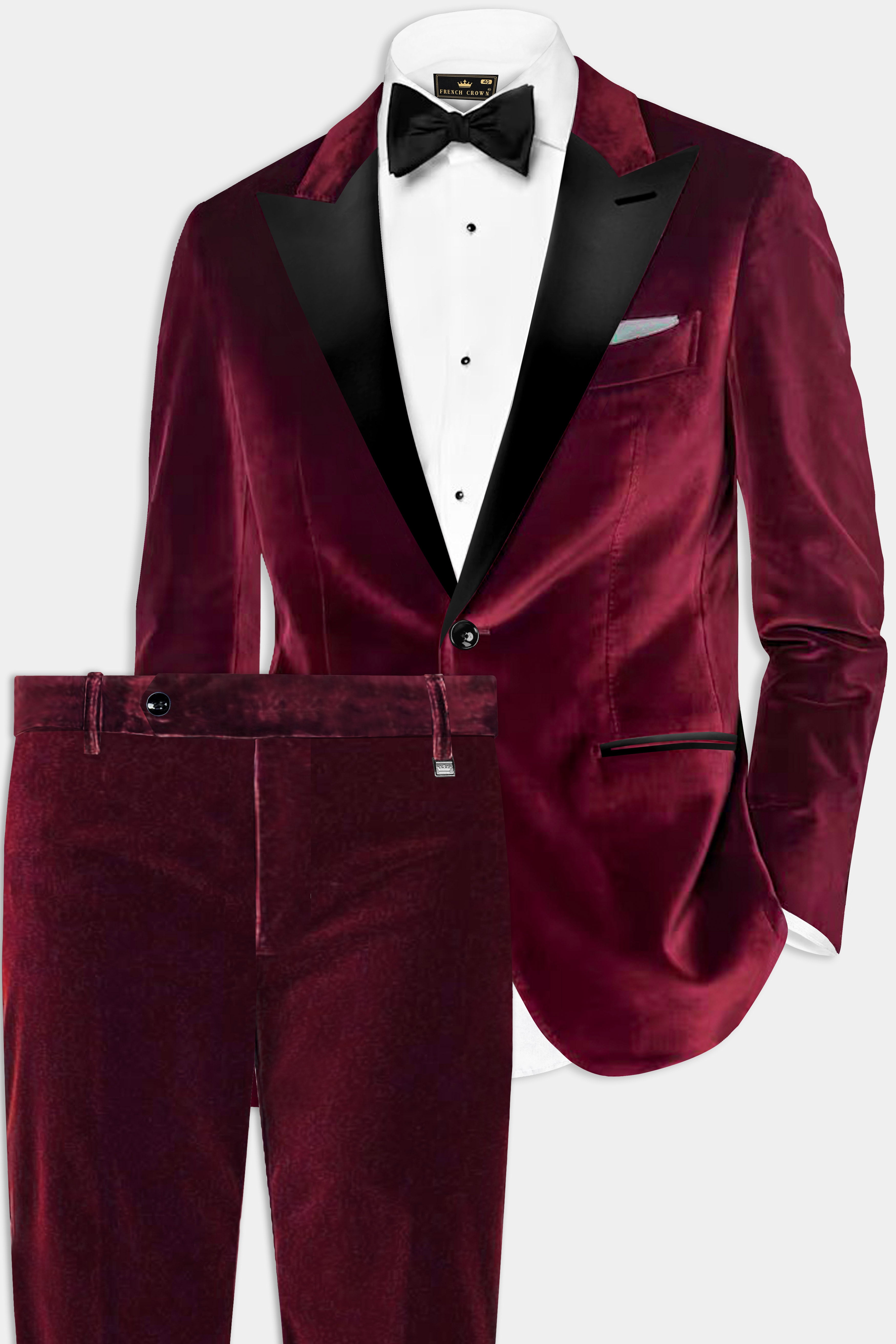 Crimson Opulence-Aubergine Red Velvet Peak Collar Tuxedo Suit