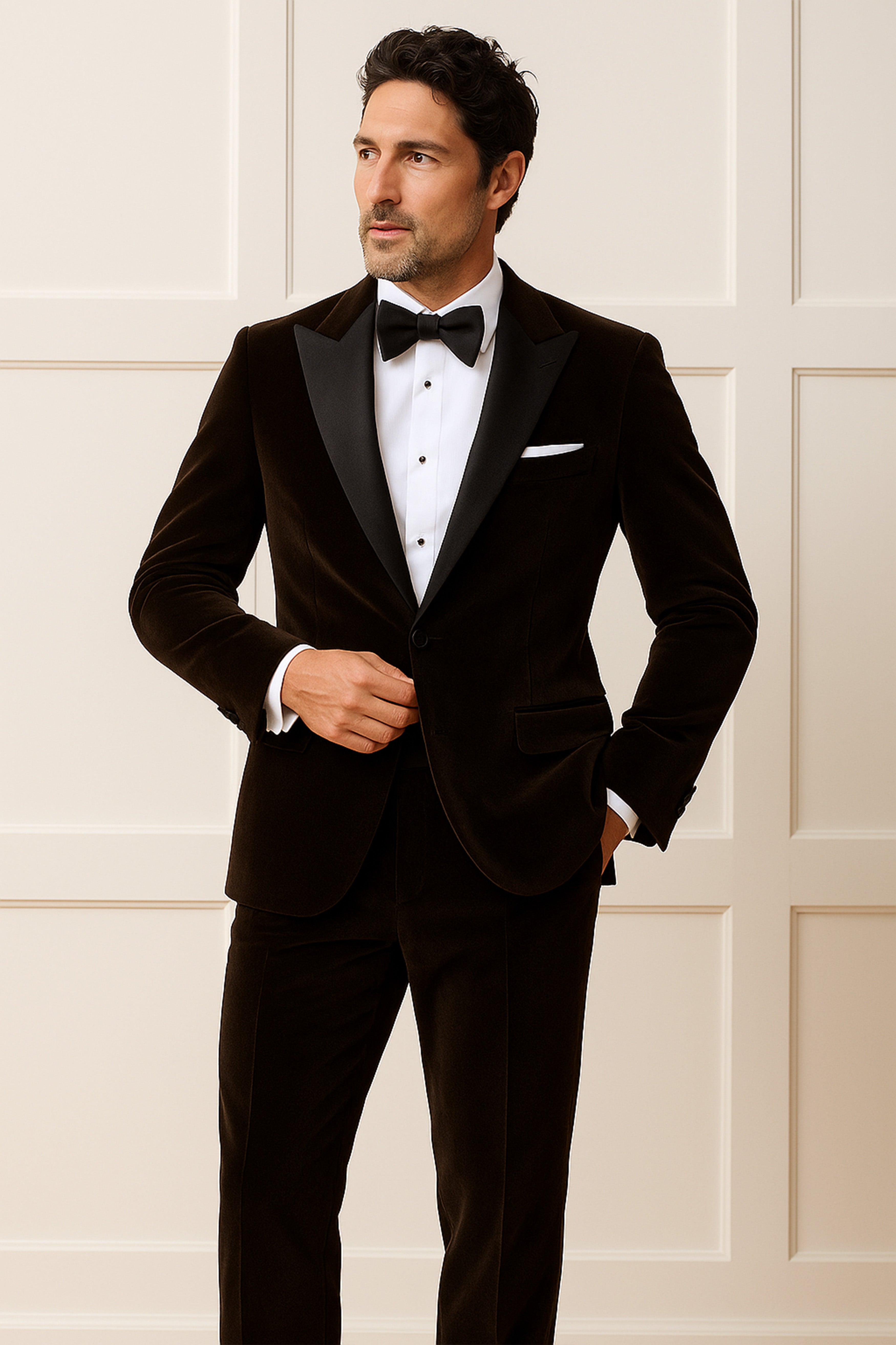 Espresso Elegance-Coffee Bean Velvet Peak Lapel Tuxedo Suit