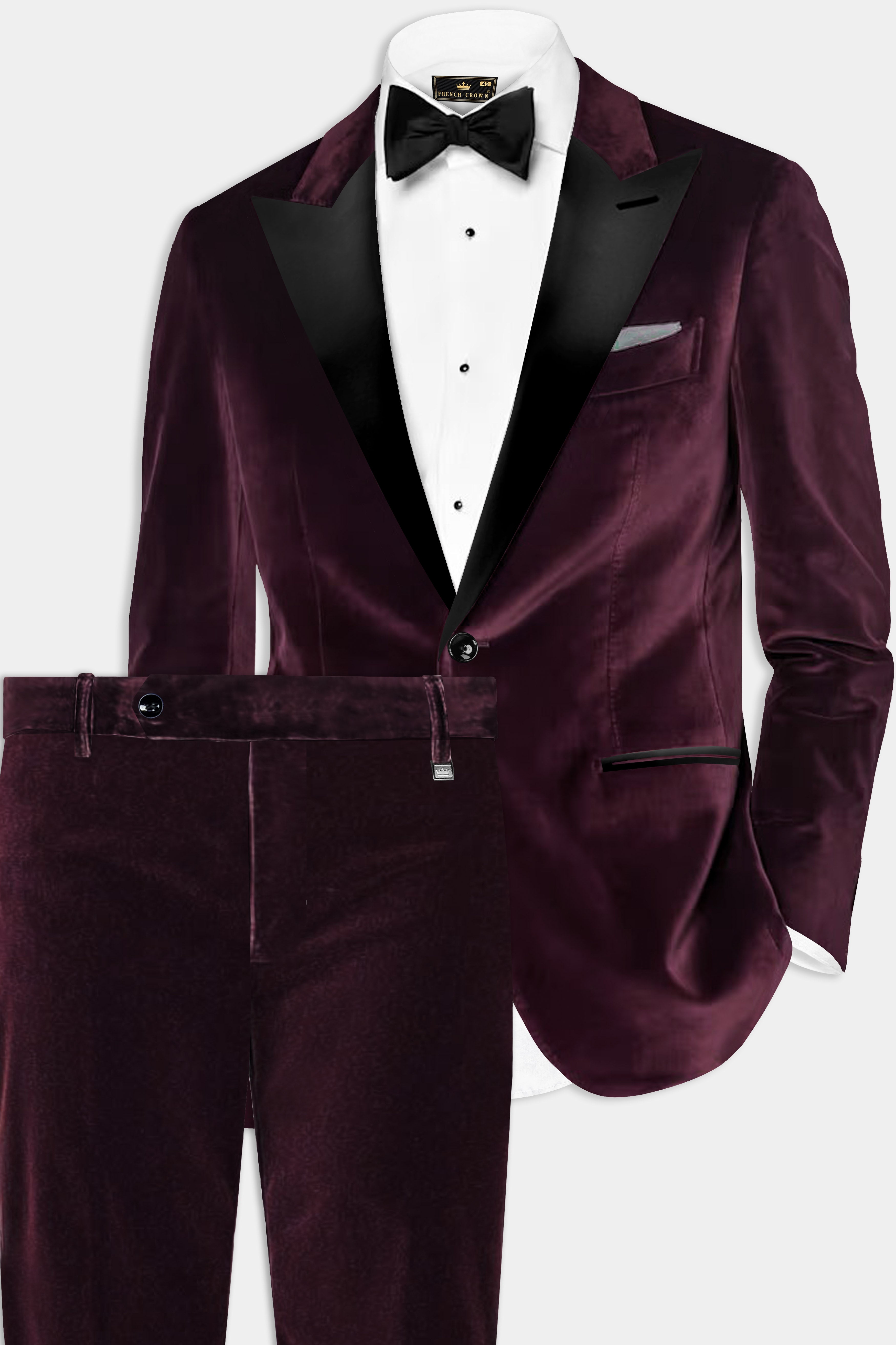 Urban Crimson-Asphalt Maroon Velvet Peak Collar Tuxedo Suit