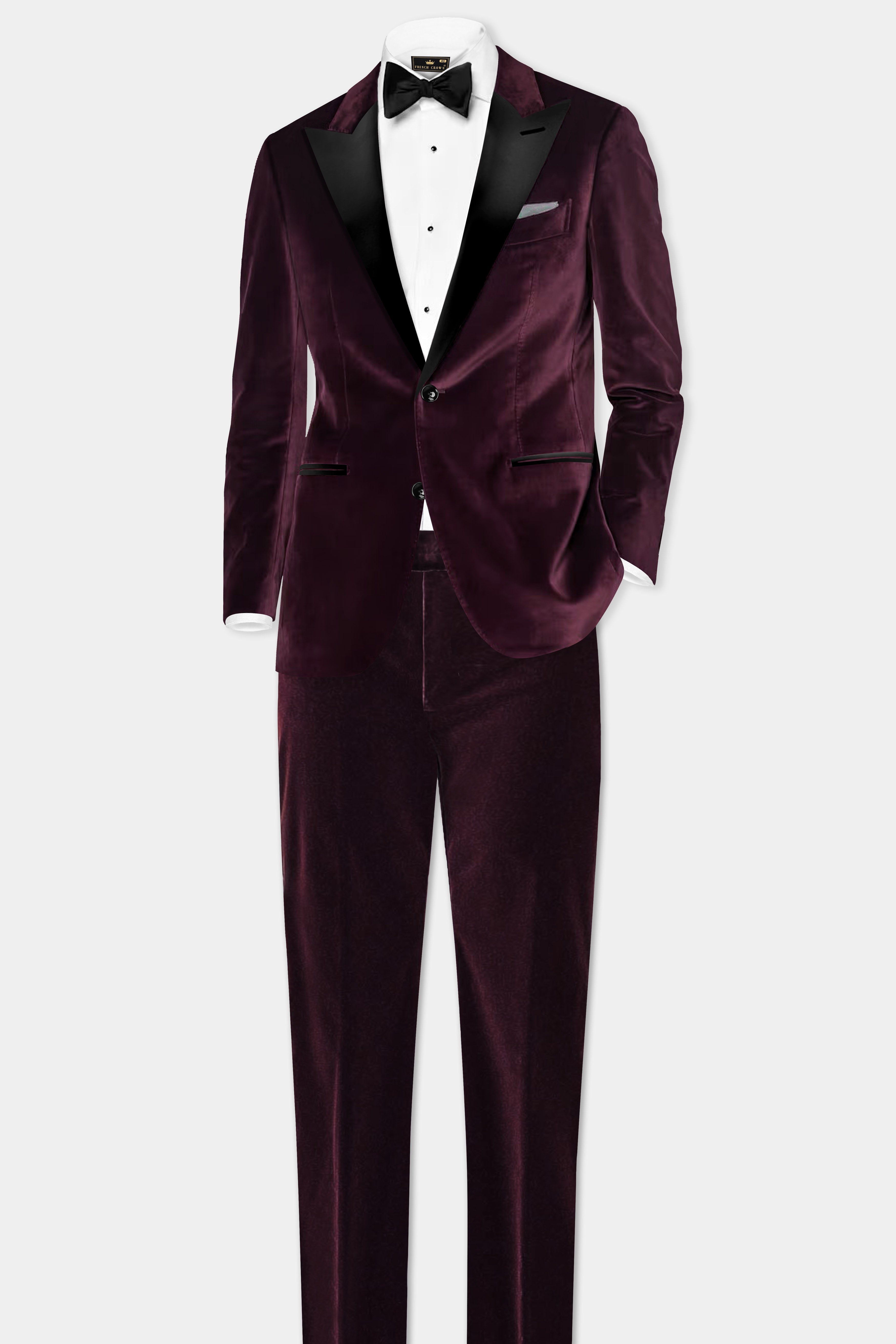 Urban Crimson-Asphalt Maroon Velvet Peak Collar Tuxedo Suit