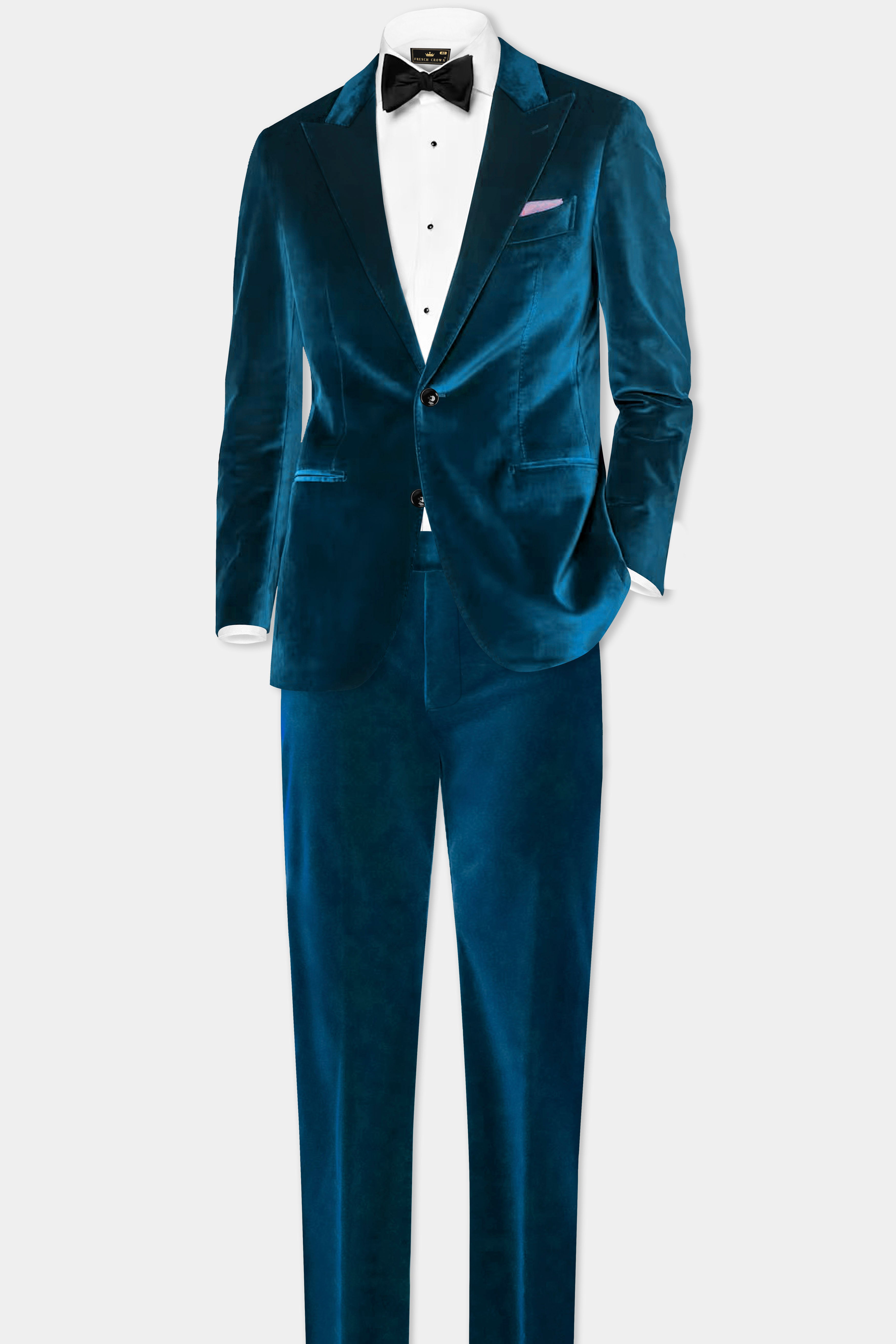 Azure Regal-Prussian Blue Velvet Single Breasted Peak lapel Suit