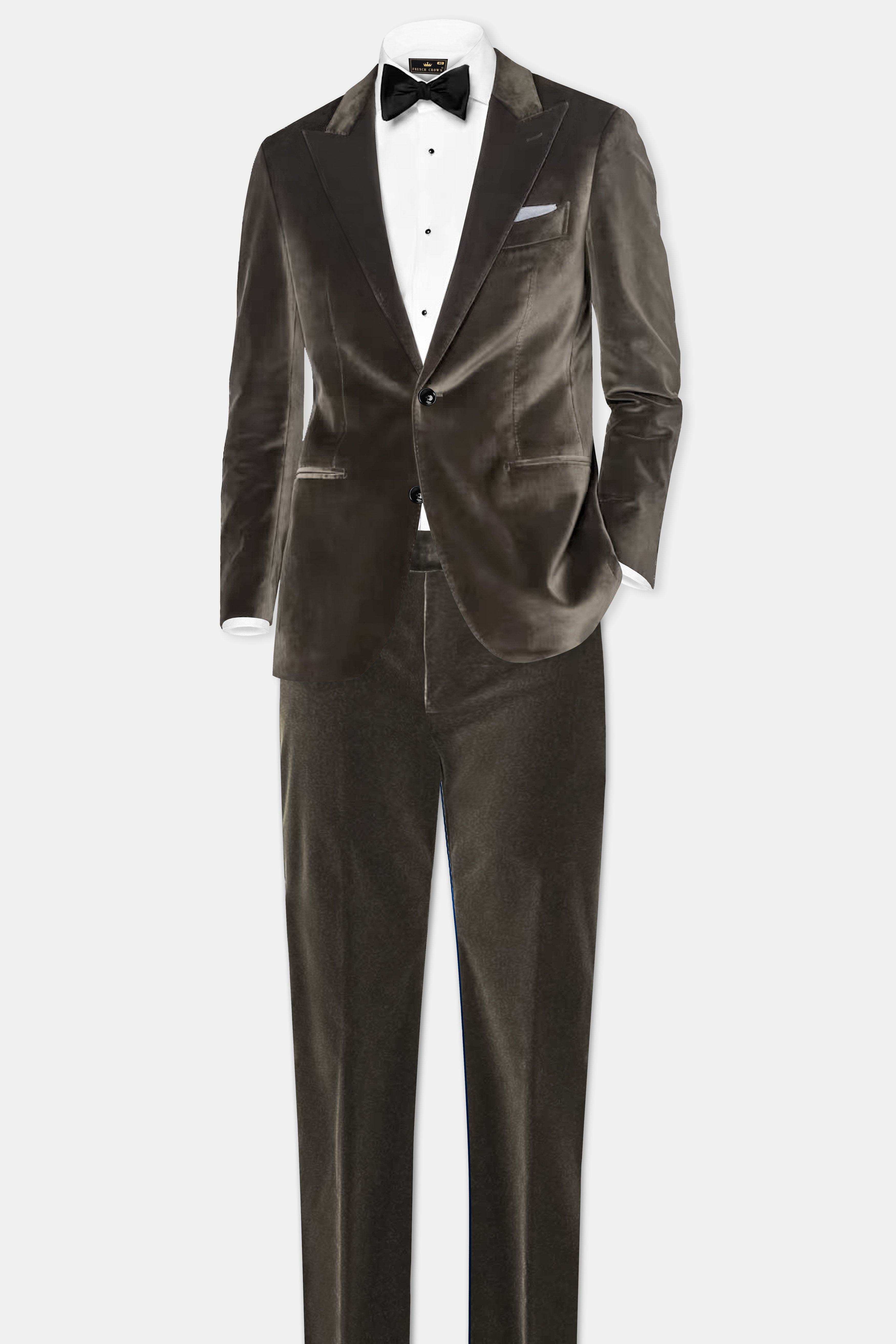 Bronze Elegance-Bistre Brown Velvet Single Breasted Peak lapel Suit