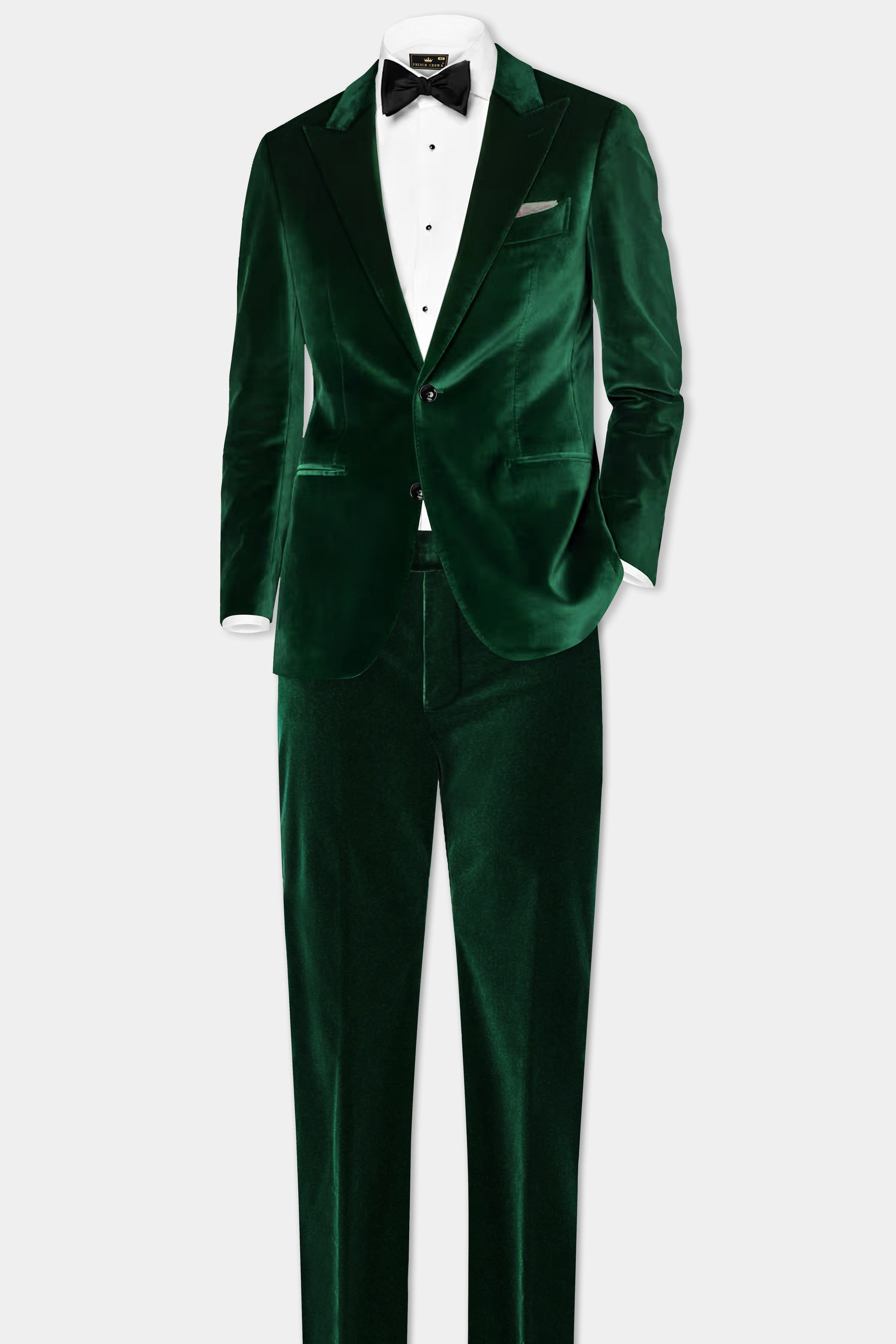 Verdant Majesty-English Holly Green Velvet Single Breasted Peak lapel Suit