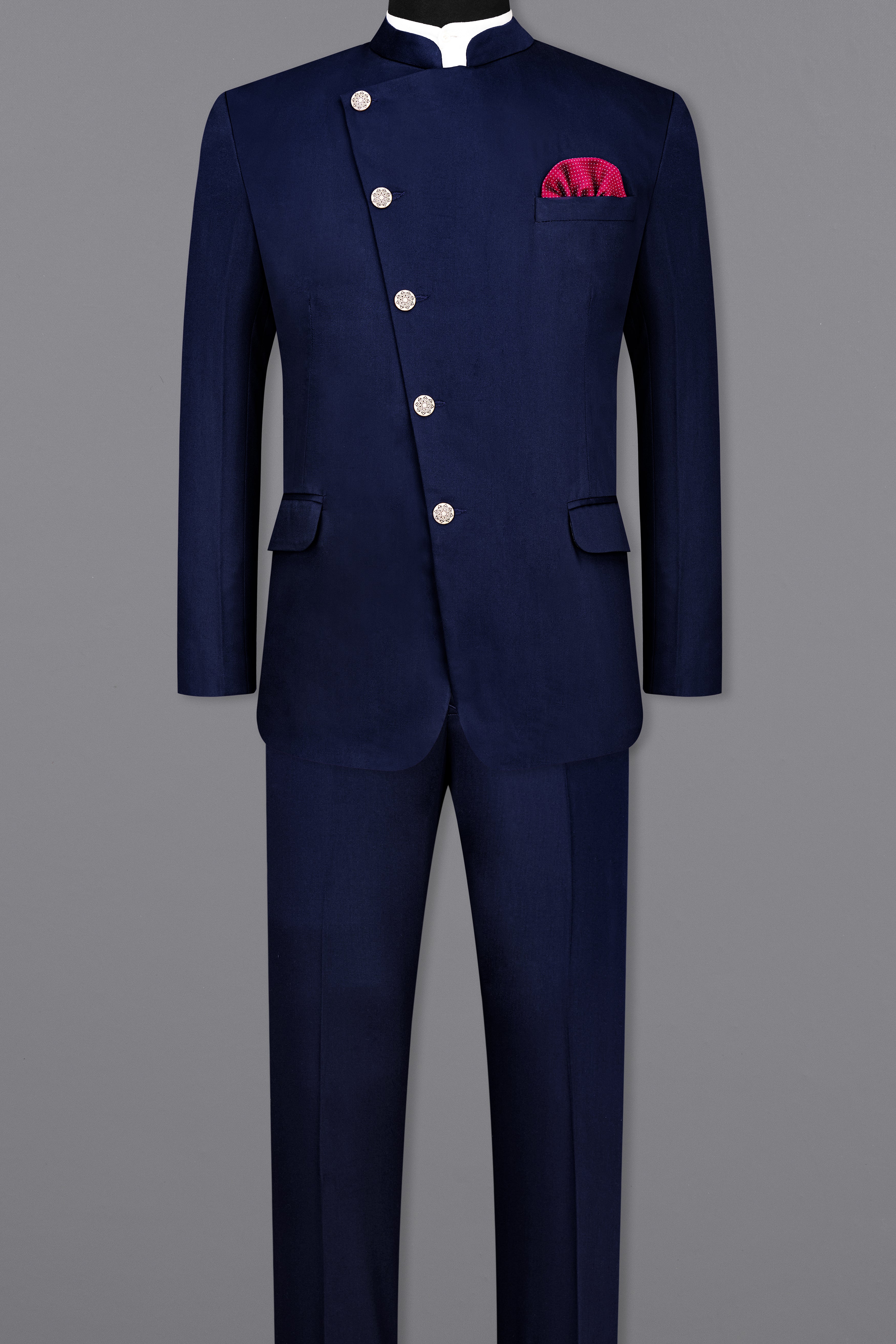 Space Blue Subtle Sheen Cross Placket Bandhgala/Mandarin Wool blend Suit