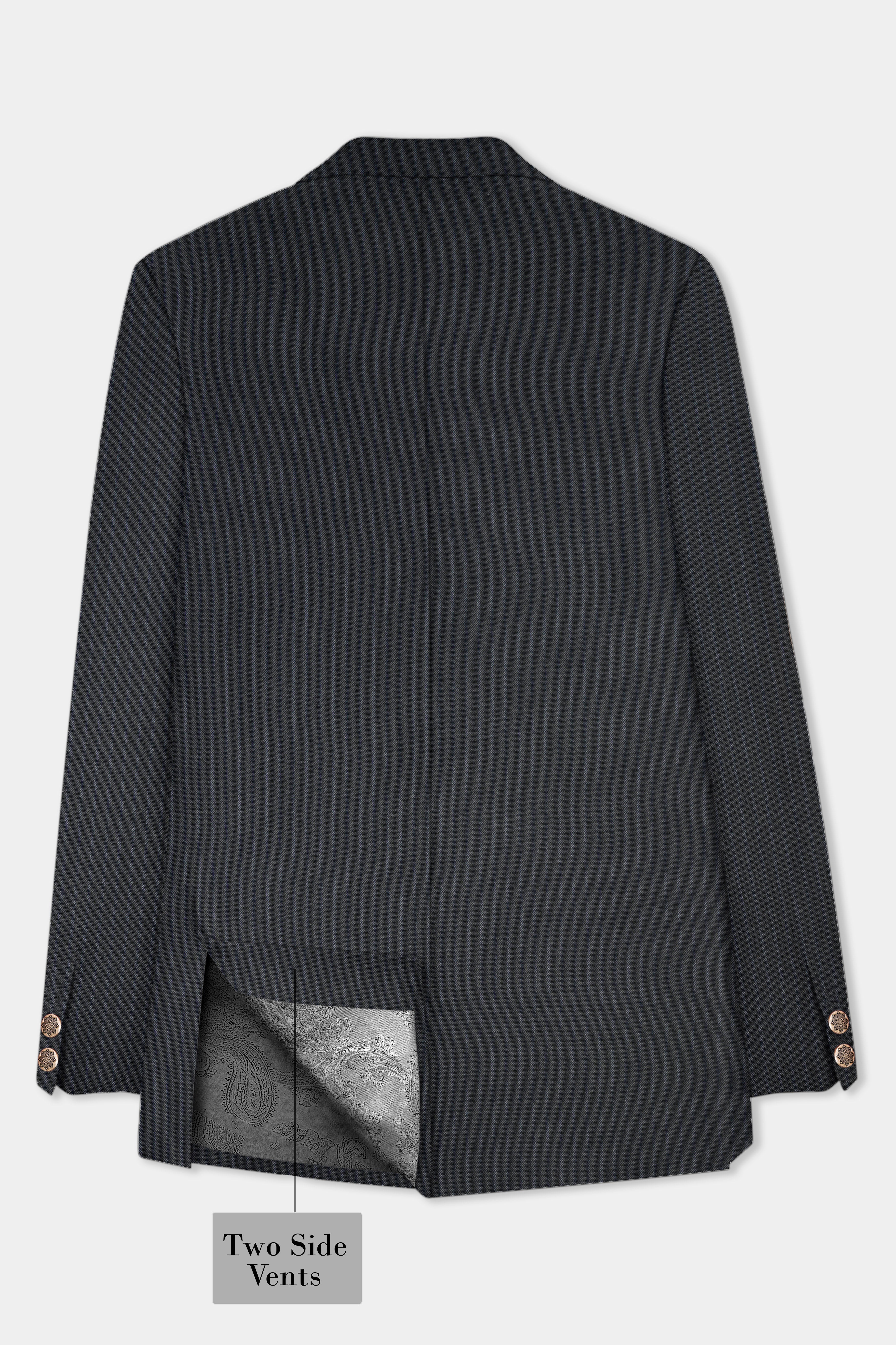 GraphiteSlim-Mine Shaft Gray Stripes Dobby Textured Wool Rich Cross Placket Bandhgala Suit