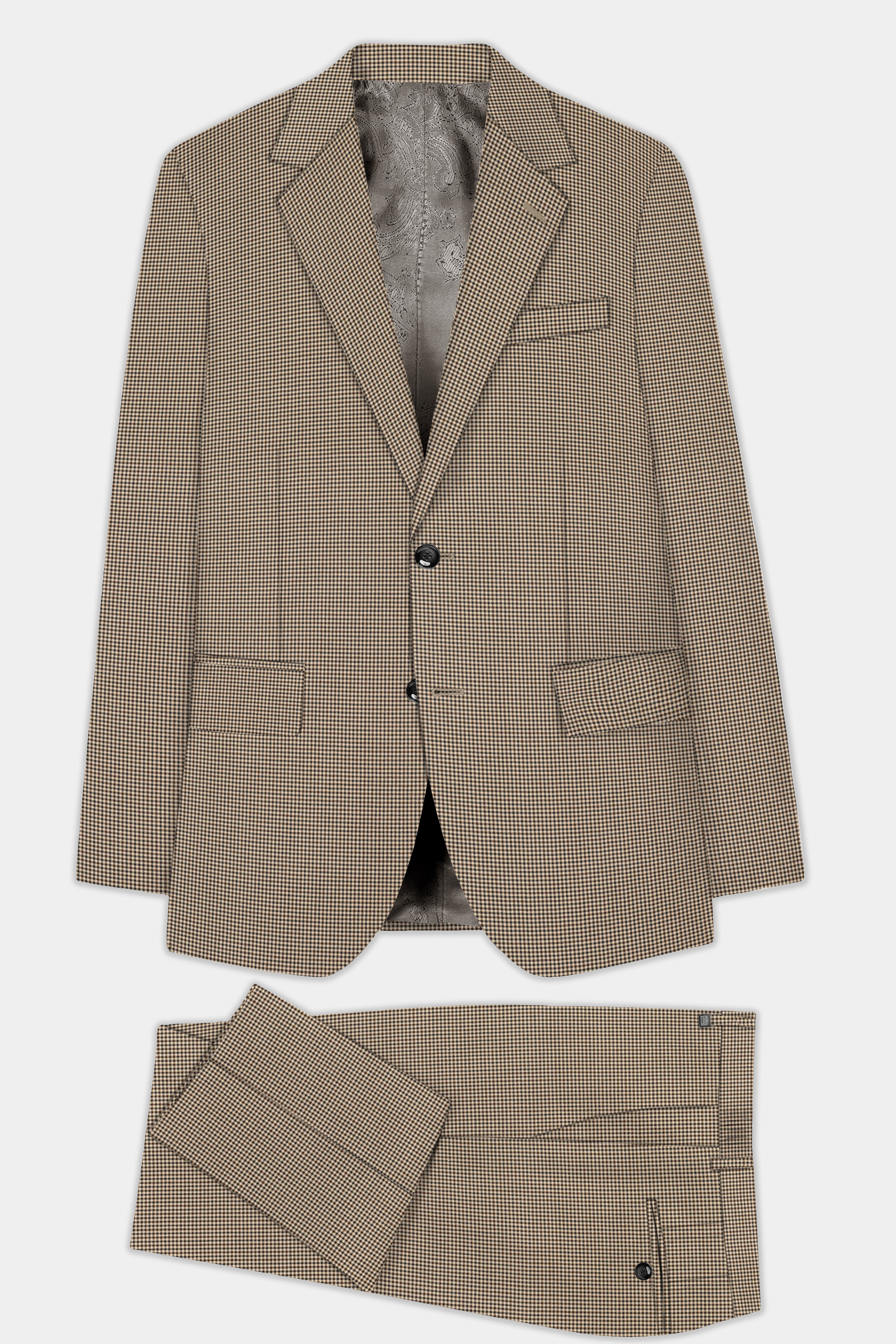 Mocha-Bison Cream And Swirl Brown Gingham Checked Wool Rich Single Breasted Suit