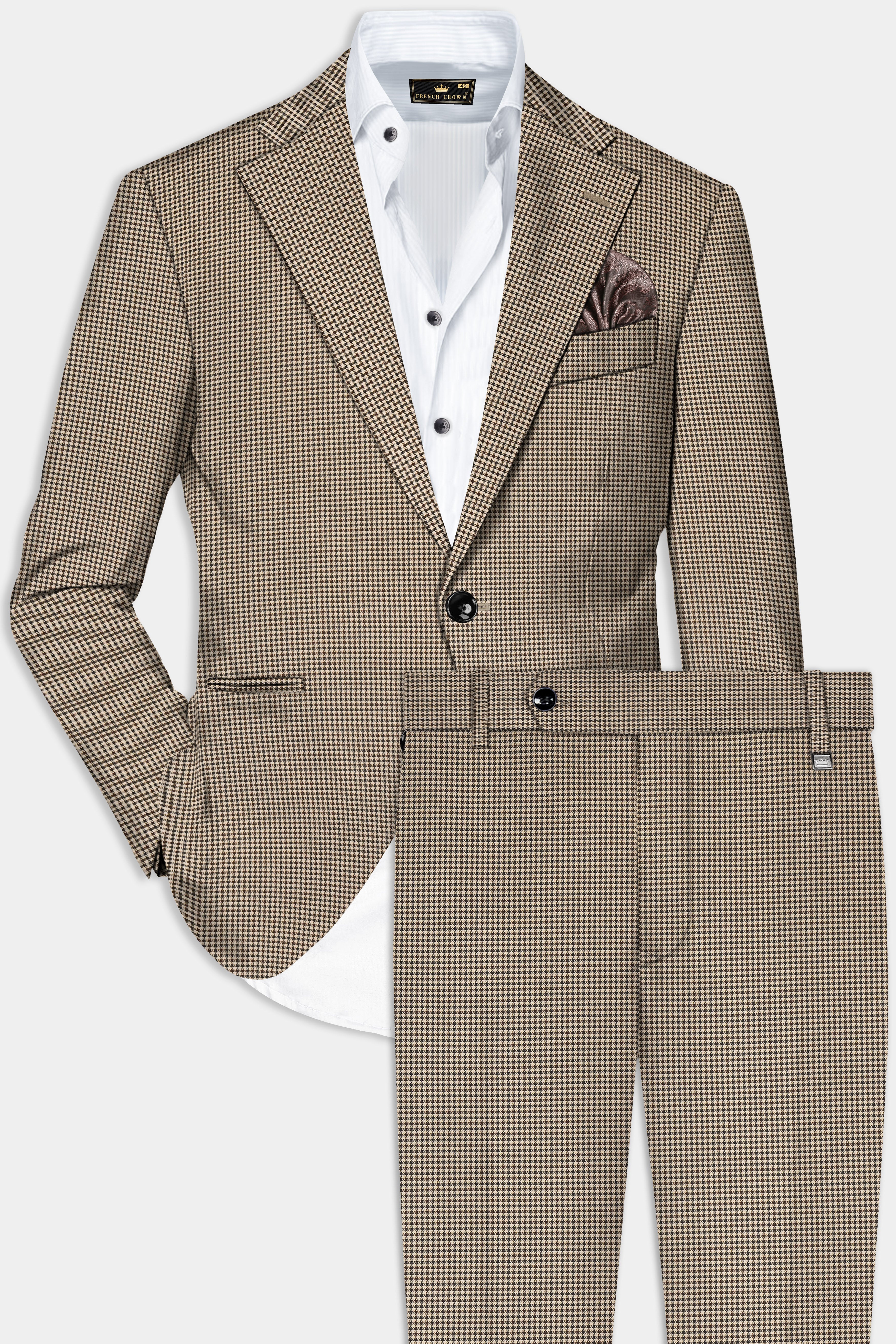 Mocha-Bison Cream And Swirl Brown Gingham Checksed Wool Rich Single Breasted Suit