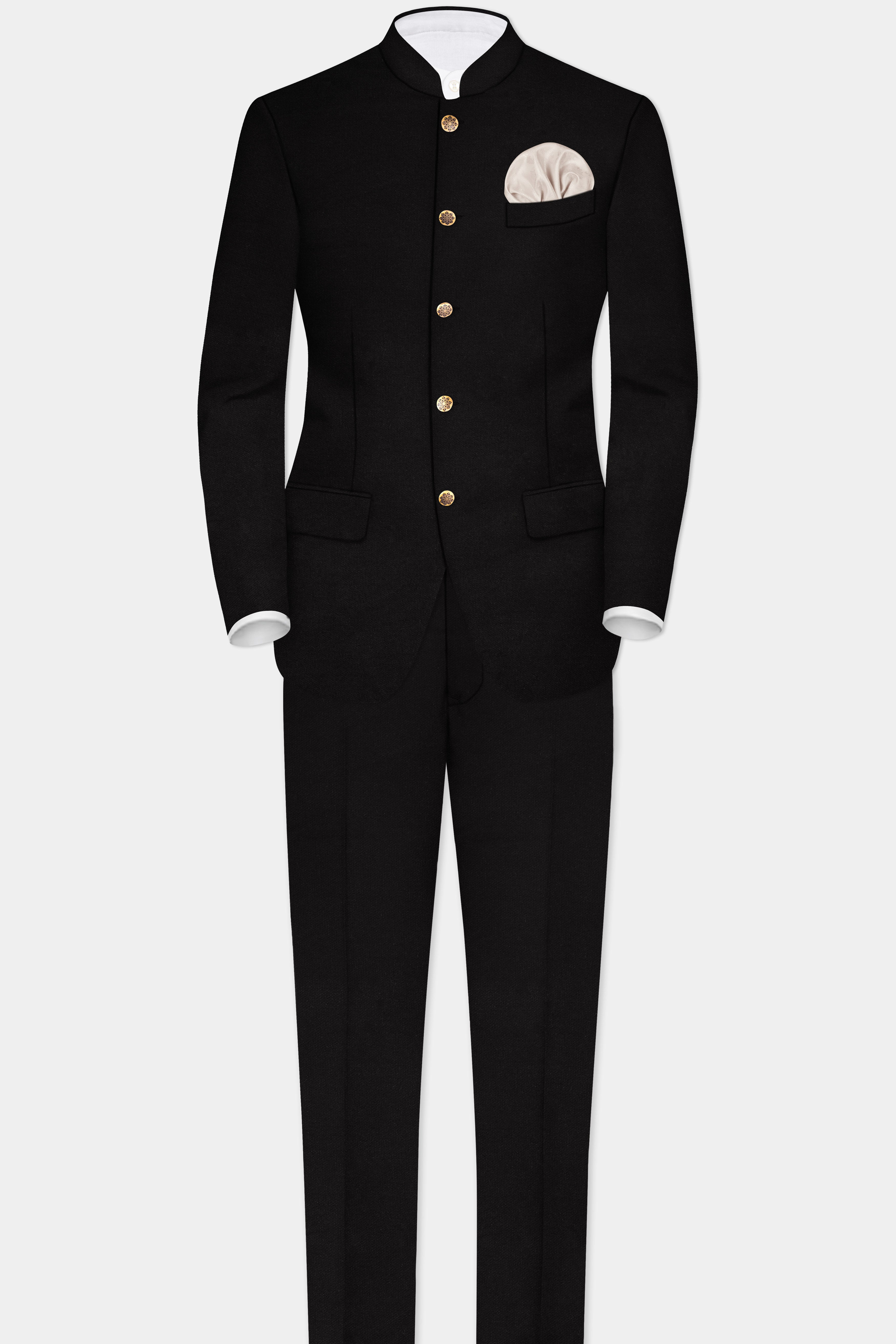 NoirFlex-Jade Black 4-Way Stretch Textured Bandhgala Suit