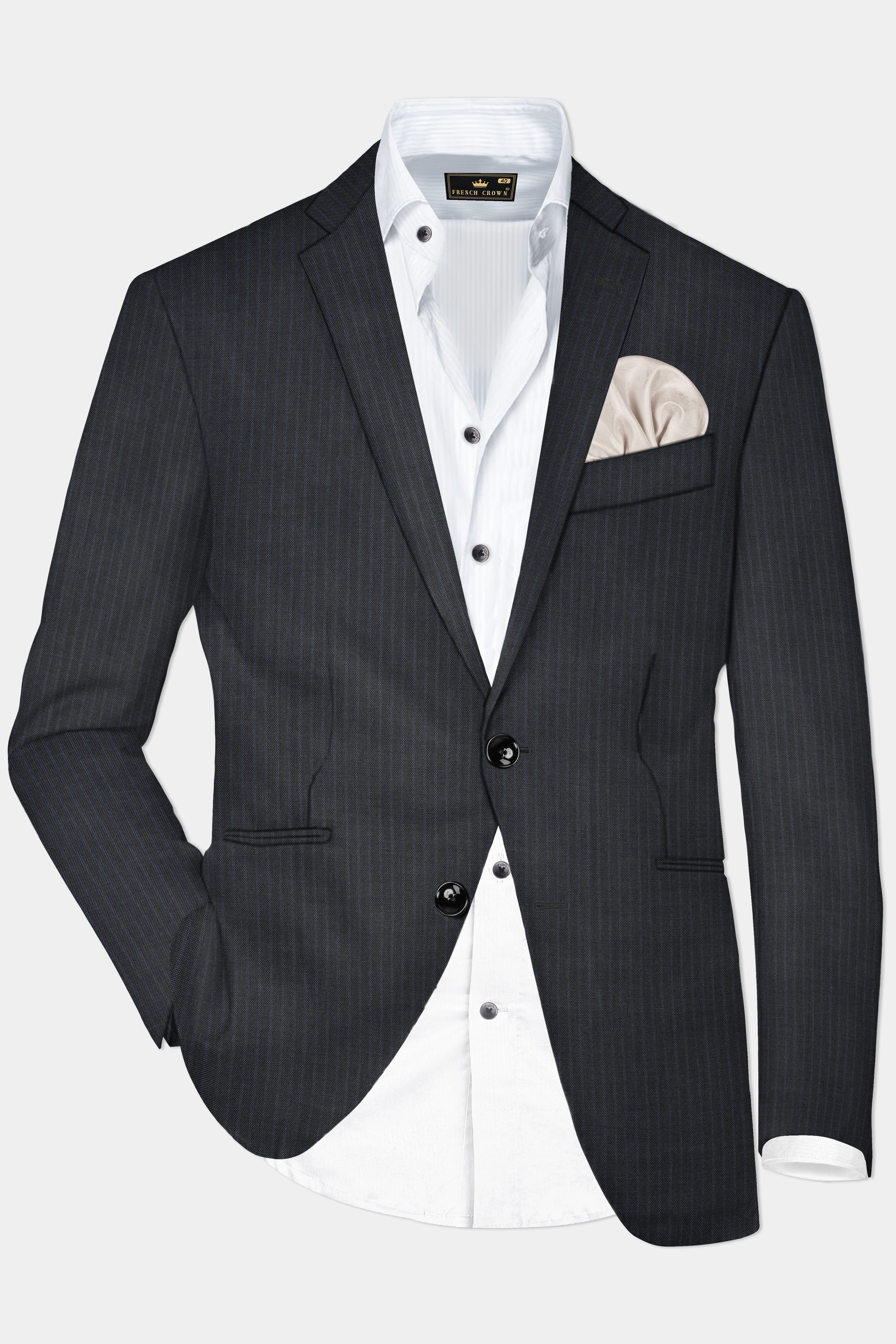 GraphiteSlim-Mine Shaft Gray Stripes Dobby Textured Wool Rich Single Breasted Slim Lapel Suit