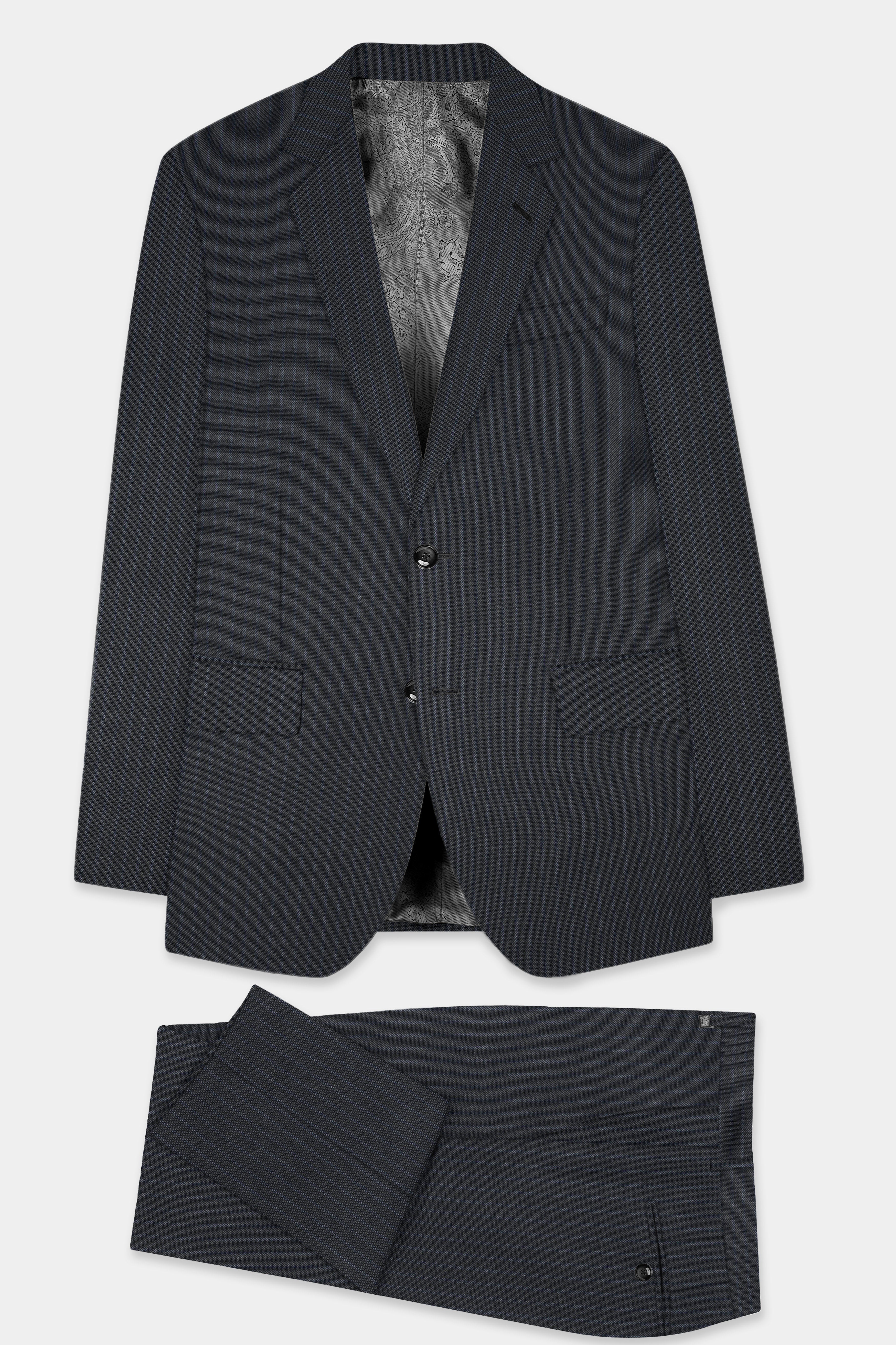 GraphiteSlim-Mine Shaft Gray Stripes Dobby Textured Wool Rich Single Breasted Slim Lapel Suit