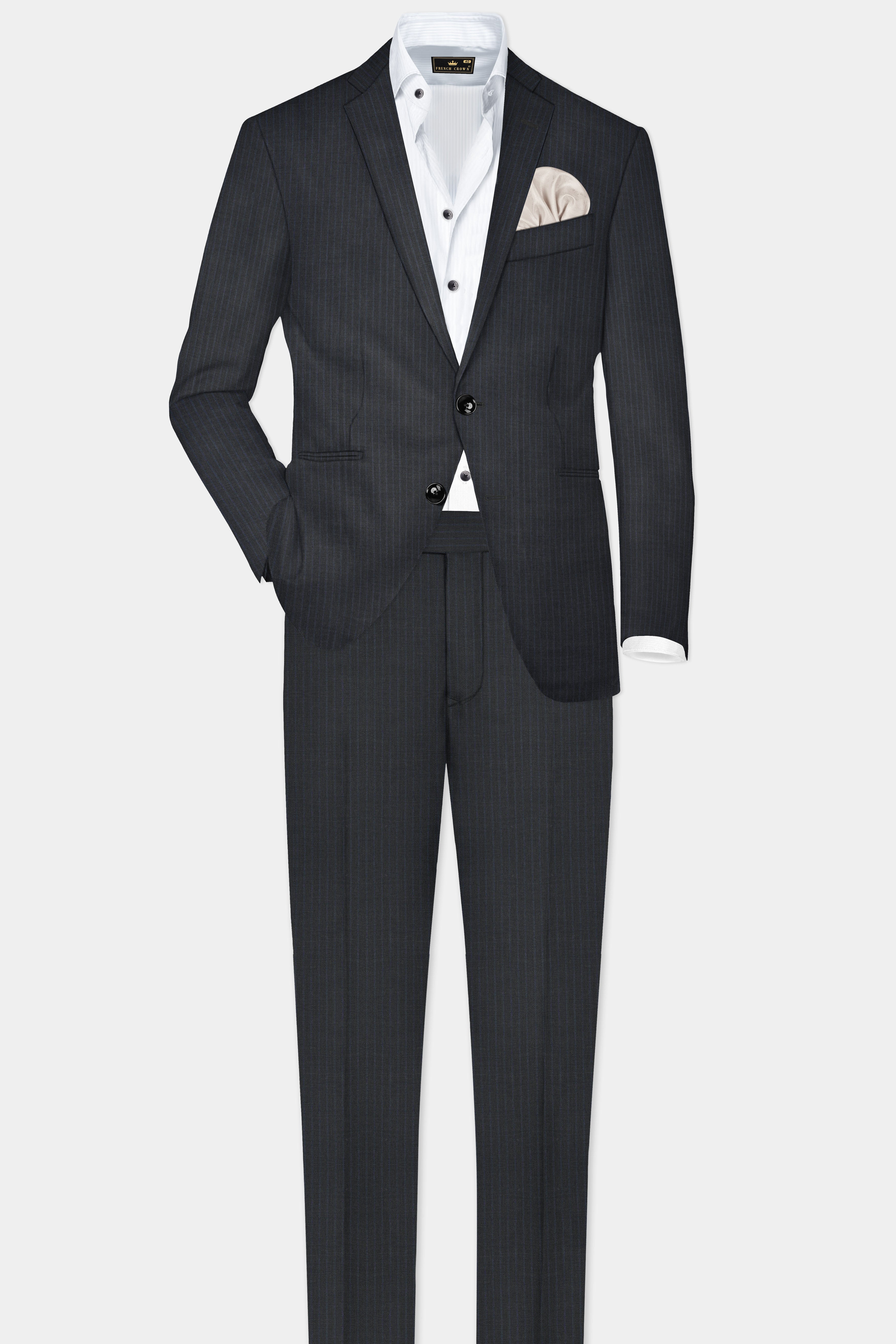 GraphiteSlim-Mine Shaft Gray Stripes Dobby Textured Wool Rich Single Breasted Slim Lapel Suit