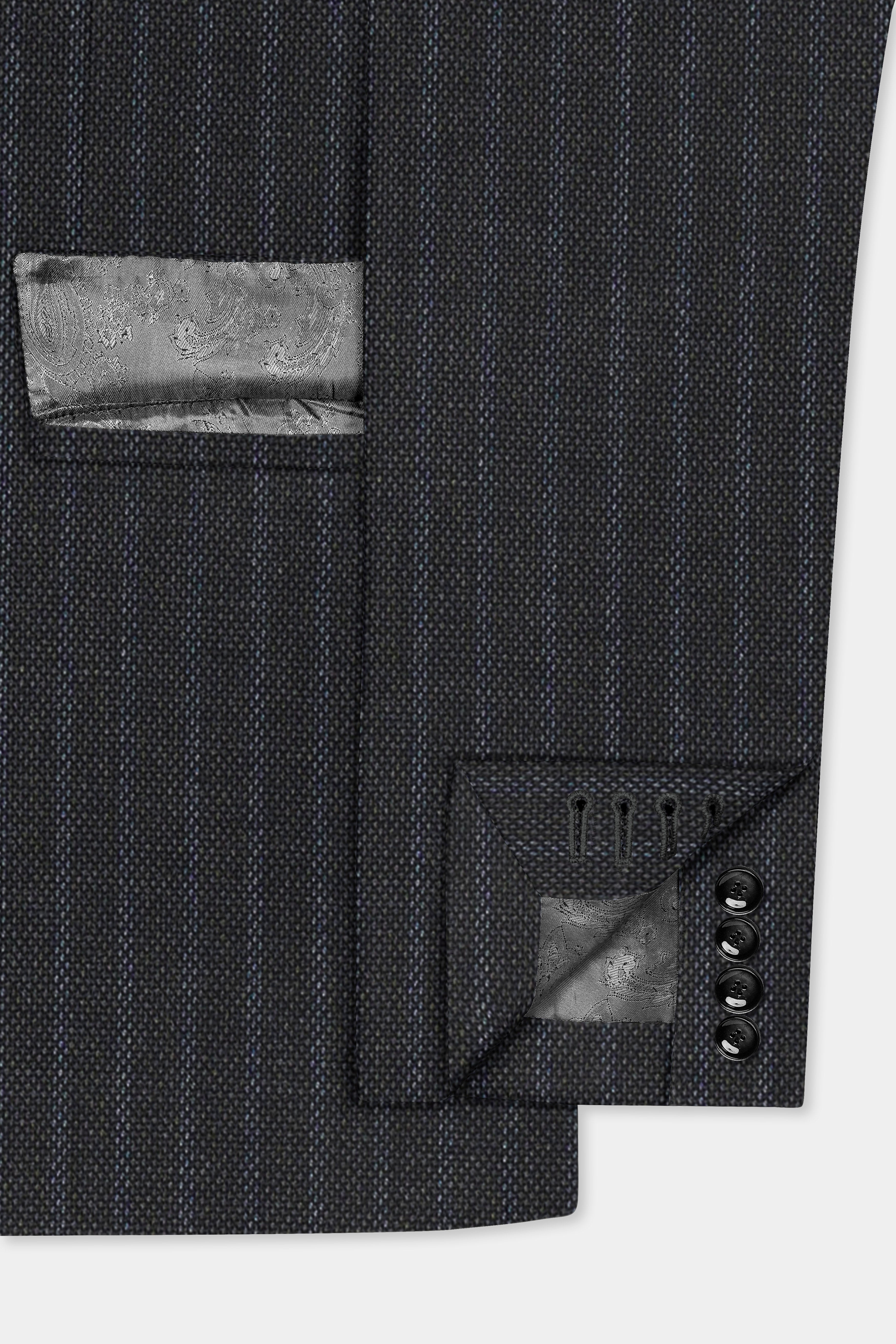 GraphiteSlim-Mine Shaft Gray Stripes Dobby Textured Wool Rich Single Breasted Slim Lapel Suit