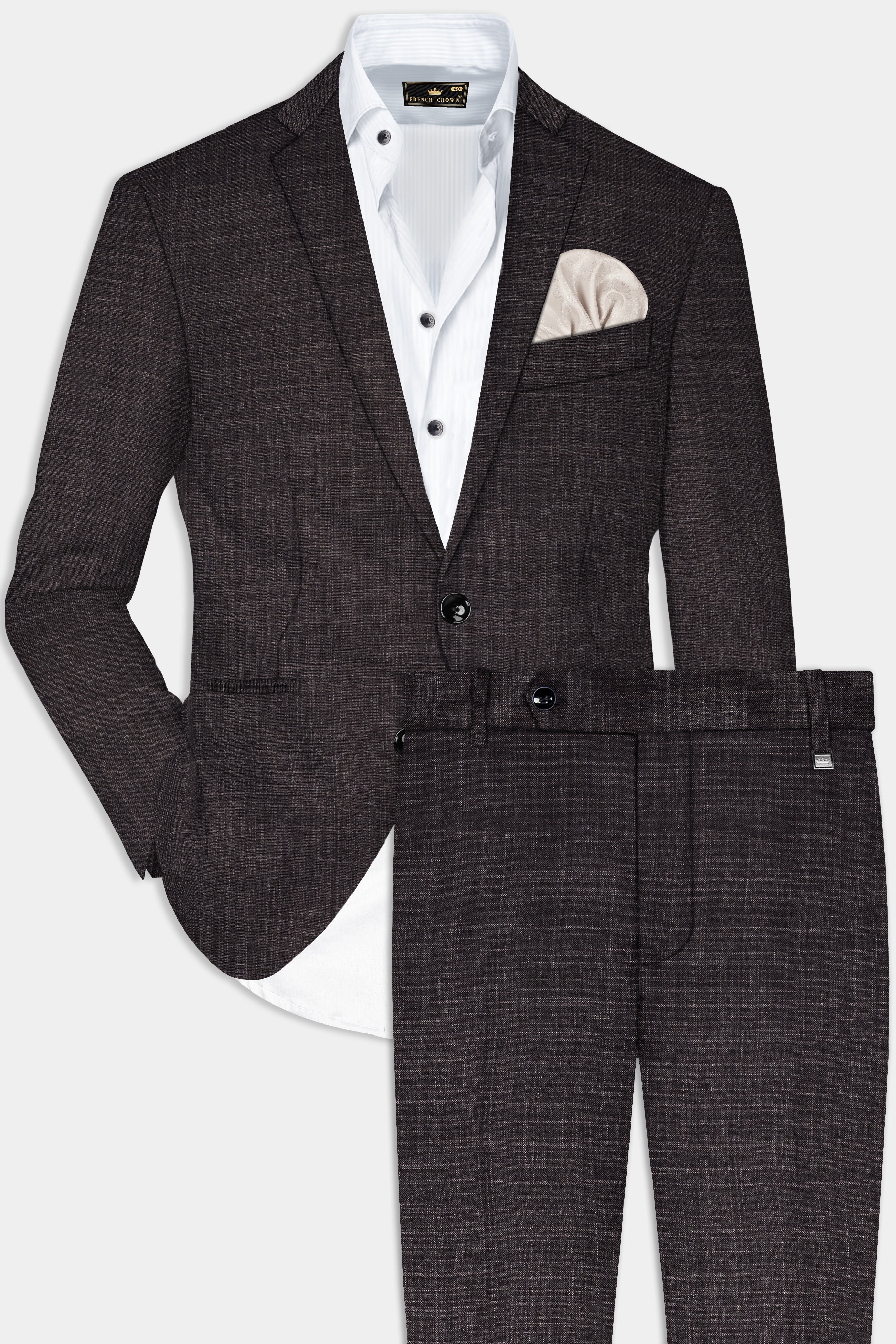 CaféNoir-Piano Brown Textured Wool Rich Single Breasted Slim Lapel Suit