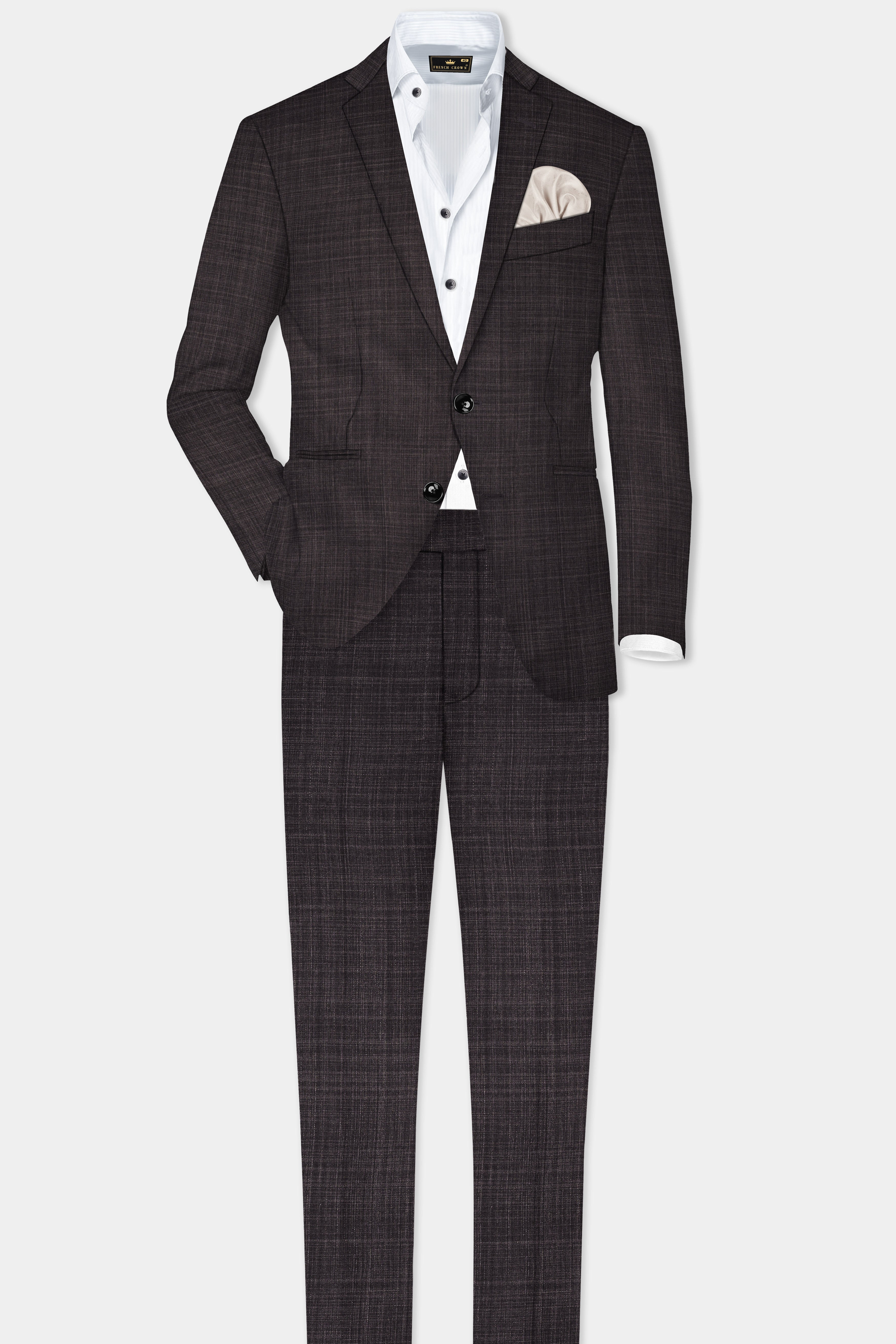 CaféNoir-Piano Brown Textured Wool Rich Single Breasted Slim Lapel Suit